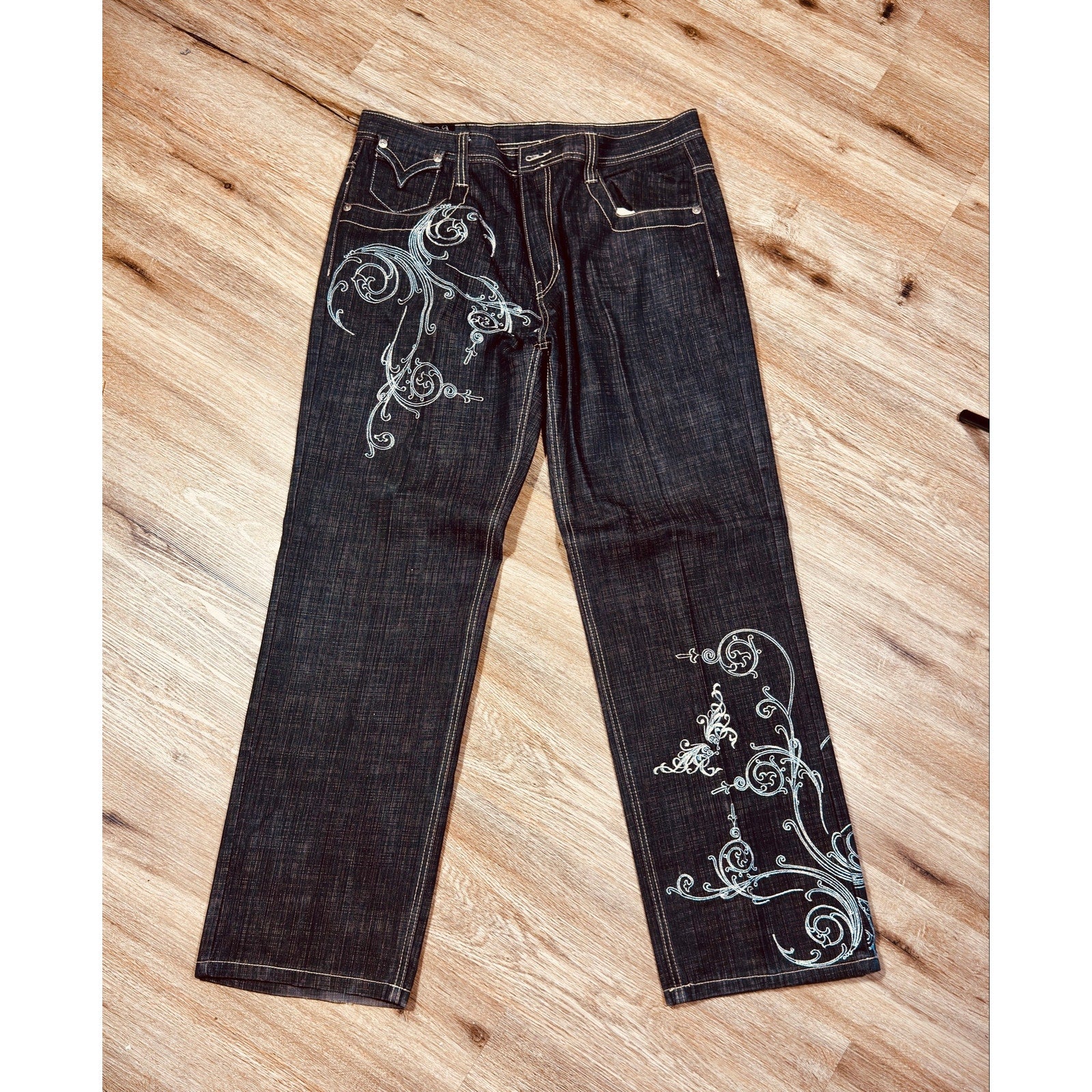 Rare DELF Y2K Baggy Embroidered Jeans Men’s 38x34 Dark Wash Skater Hip Hop Streetwear