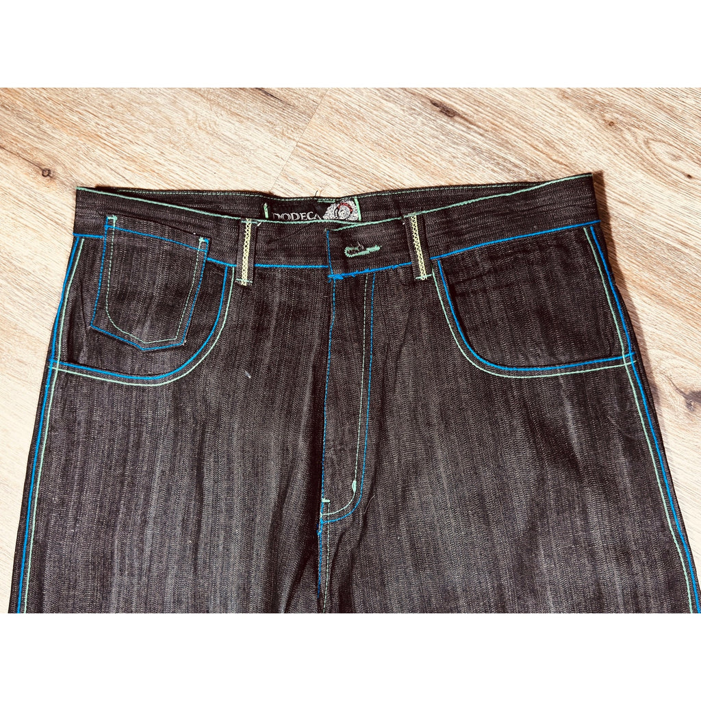 Dodeca Jeans Y2K Dark Wash Wide Leg Graphic Denim 38x34 Rare Streetwear