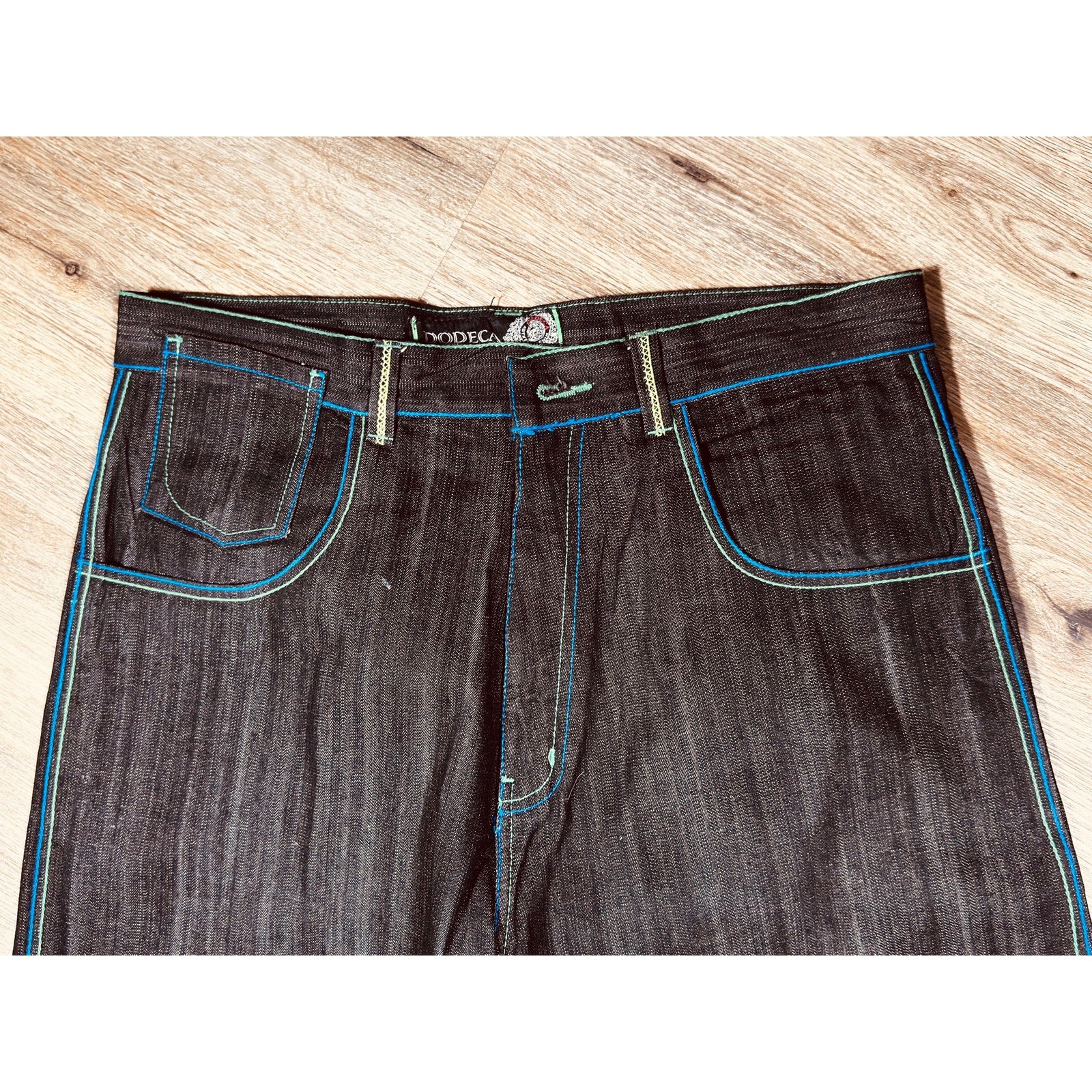 Dodeca Jeans Y2K Dark Wash Wide Leg Graphic Denim 38x34 Rare Streetwear