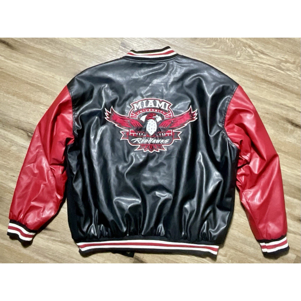 Miami RedHawks Steve & Barry’s Varsity Jacket Wool Faux Leather Large Red Black