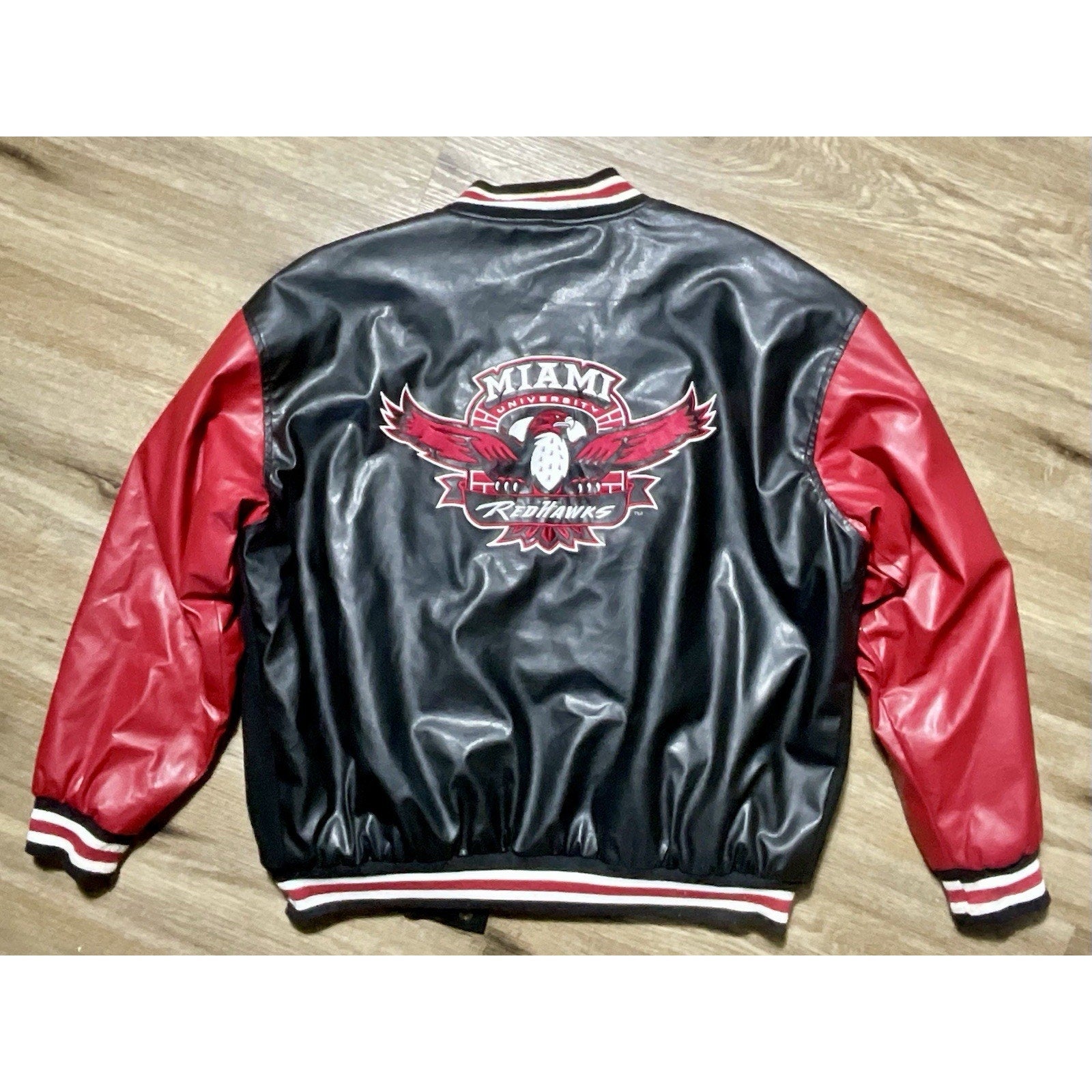 Miami RedHawks Steve & Barry’s Varsity Jacket Wool Faux Leather Large Red Black
