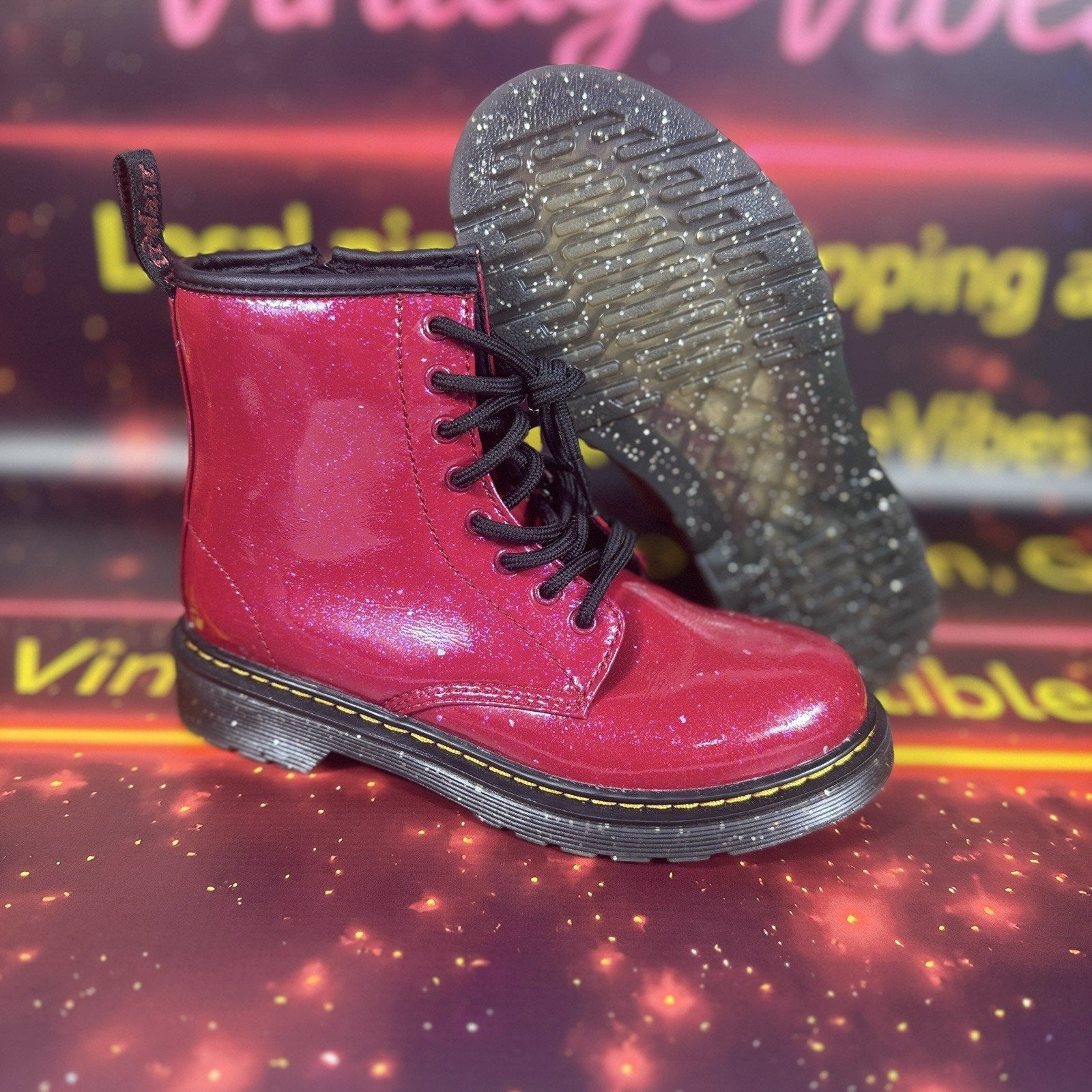 Dr. Martens 1460 J Glitter Red Patent Lace Up Boots Side Zip Youth US 2 EU 33
