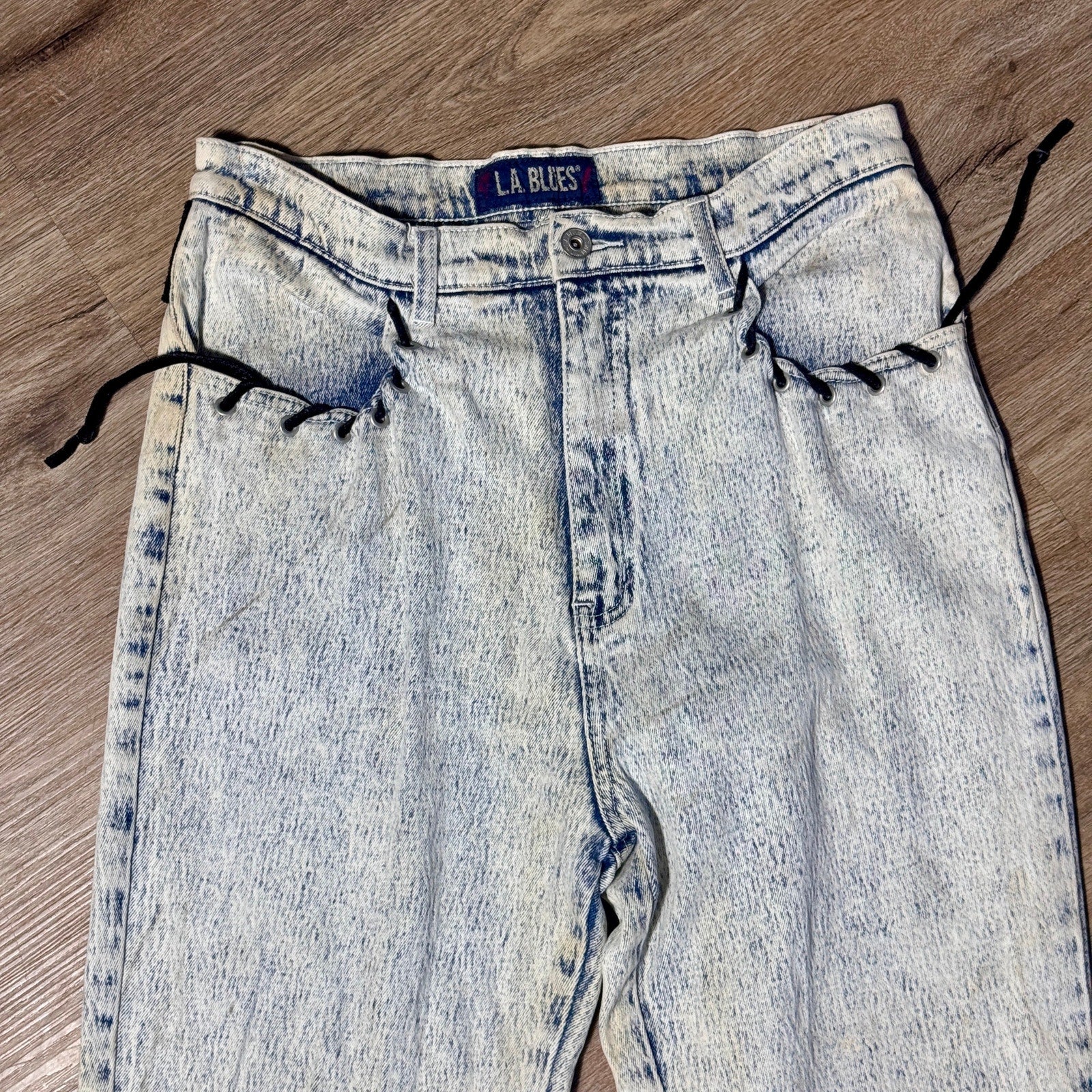 Vtg 80s/90s L.A. Blues Acid Wash Lace Up Jeans Womens 16 Velvet Trim High Rise