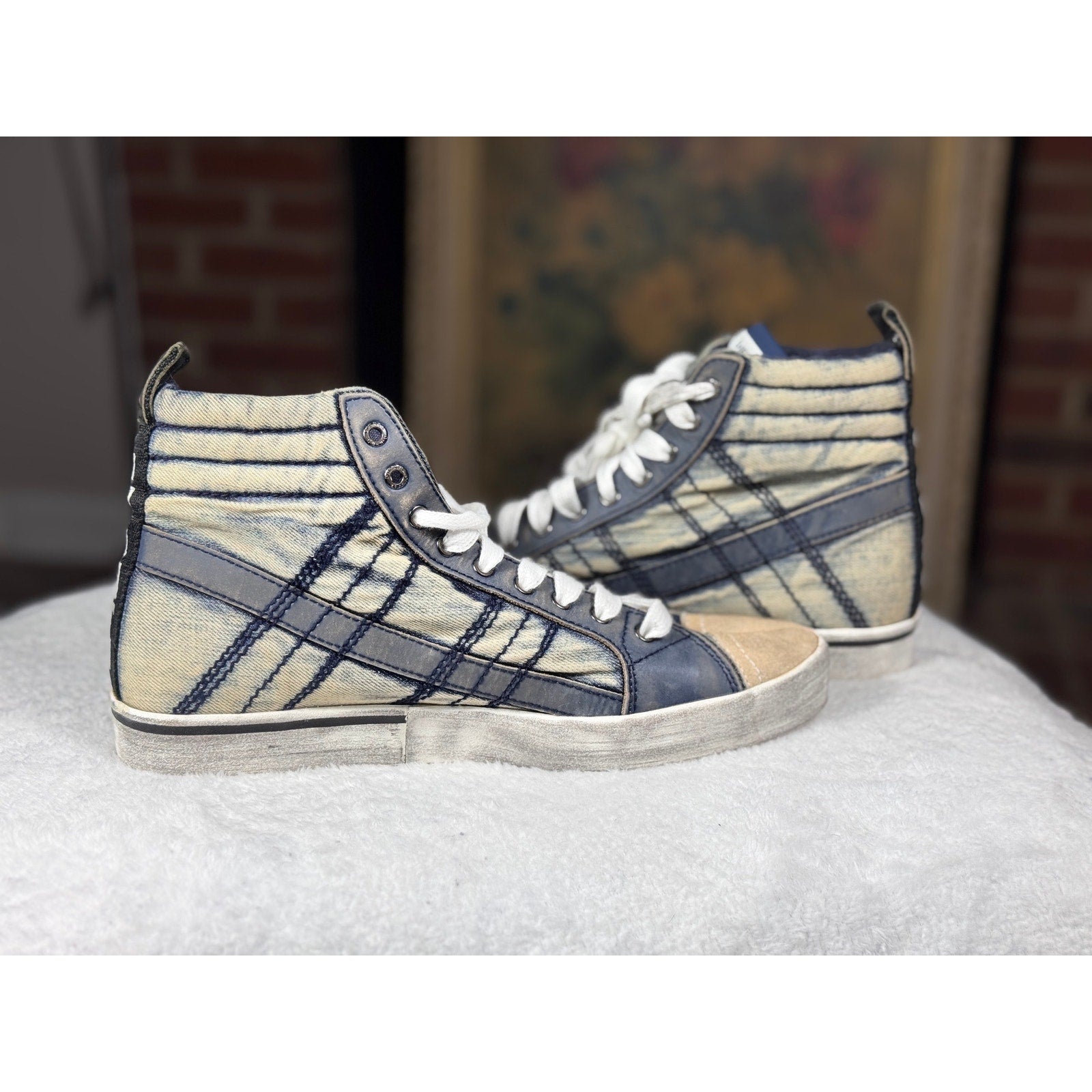 Diesel D-Velows Mid Lace Denim Distressed High Top Sneakers Men’s 9.5 Y2K Grunge