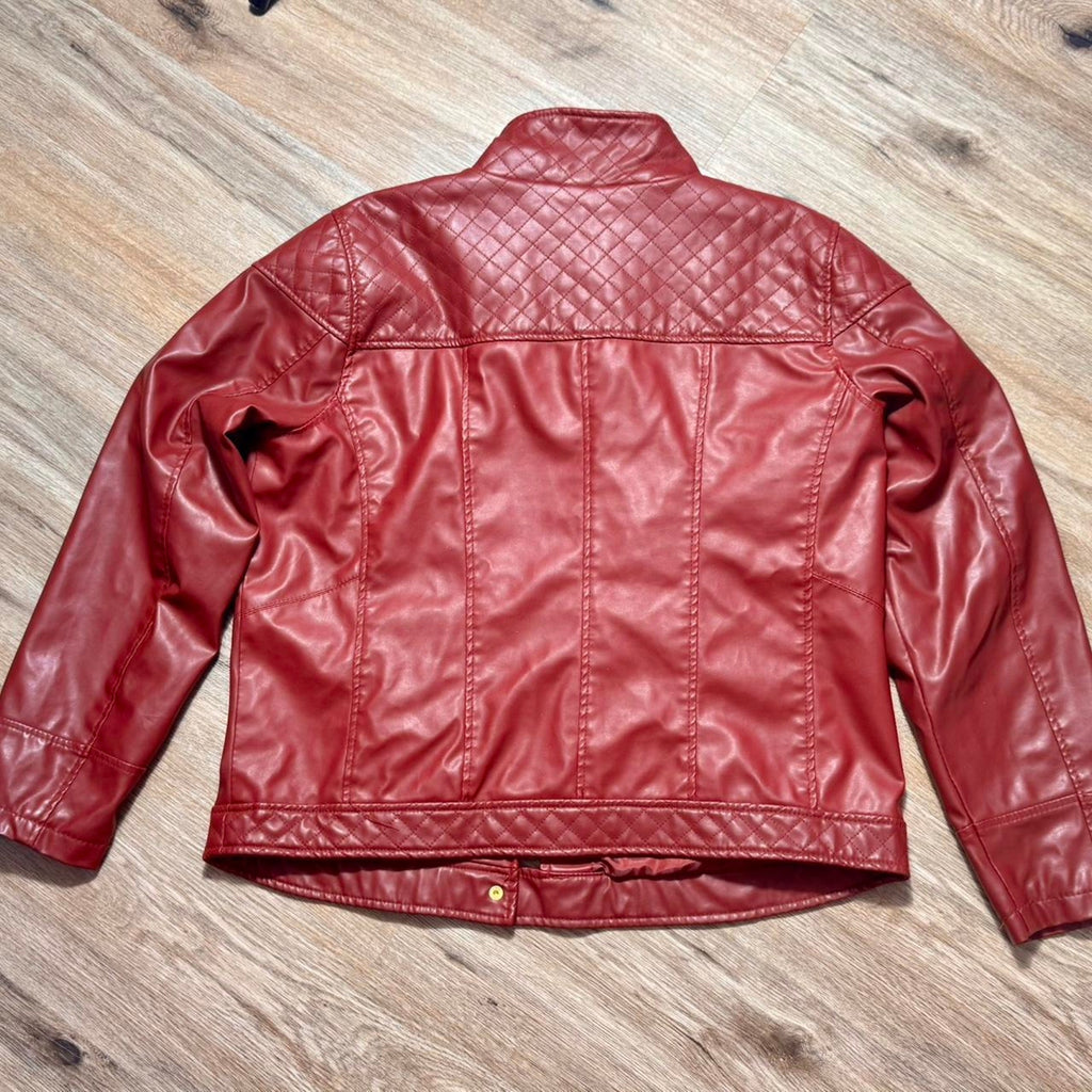 Red faux leather moto jacket