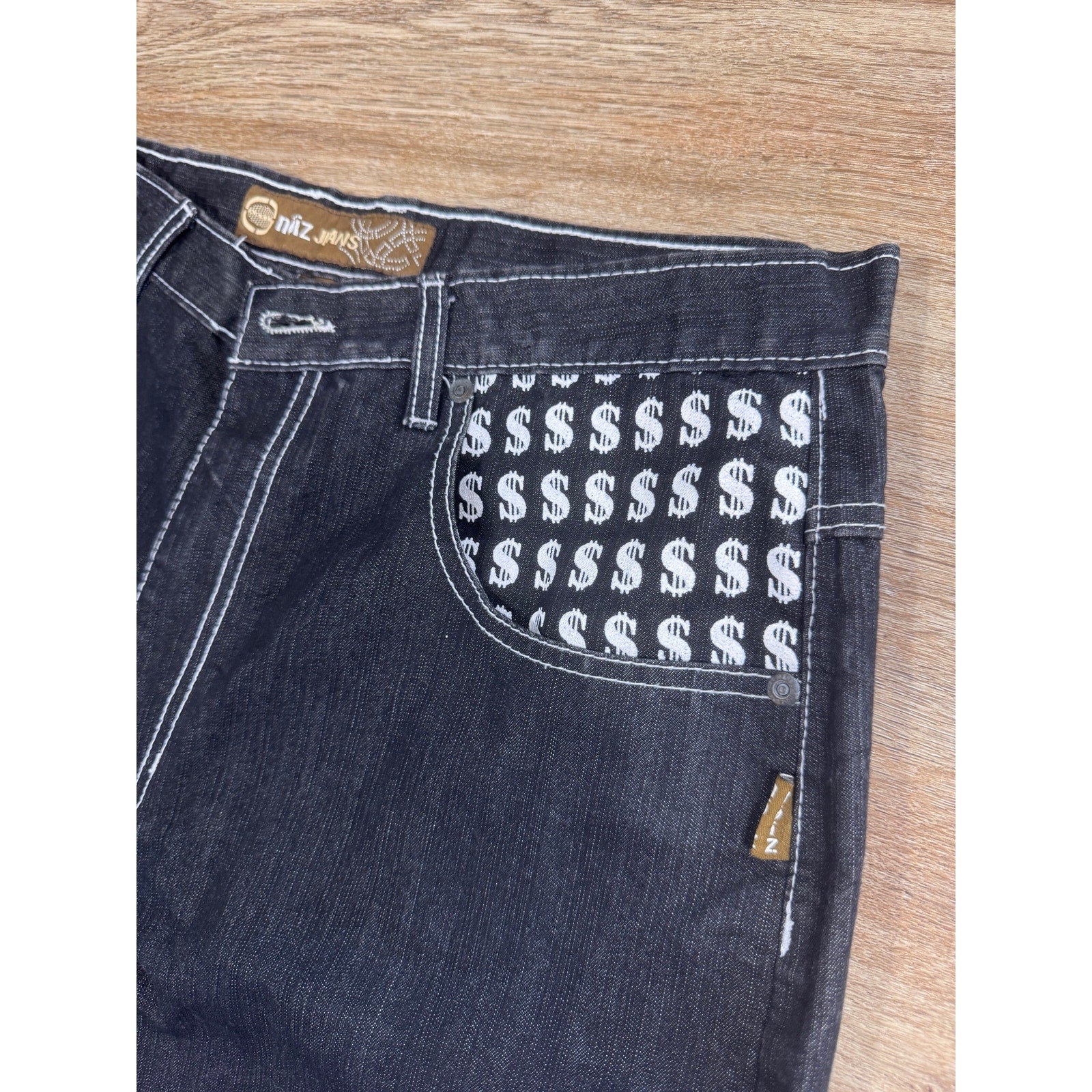 Noiz Jeans Denim Jorts Shorts Men’s 34 Black Y2K Skater Hip Hop Baggy Logo Money