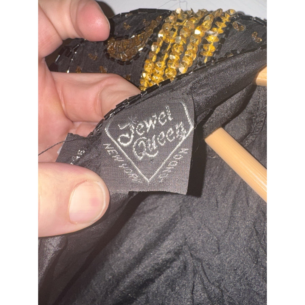 Vtg 1970-80s Jewel Queen 100% Pure Silk Black Gold Beaded Cocktail Dress Large