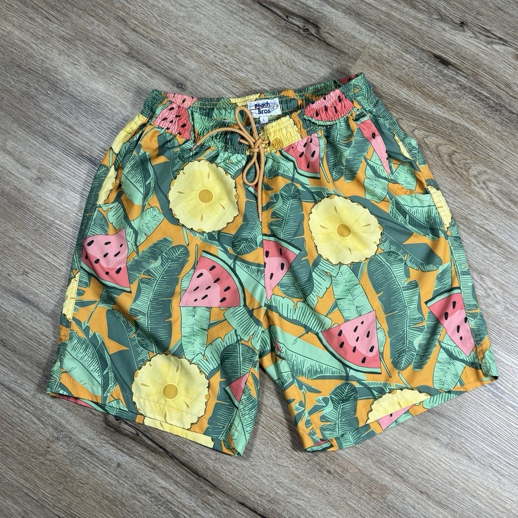 VTG Beach Bros Tropical Pineapple & Watermelon Lined Swim Trunks Size L Large