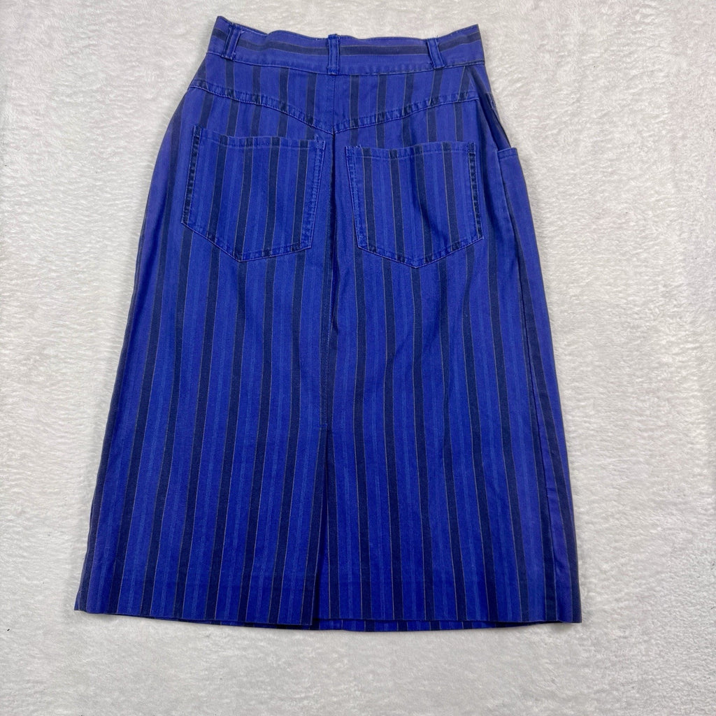 Vtg 1980s Serge Azar Paris Striped Cotton Midi Skirt Women 6 24” Blue Hong Kong
