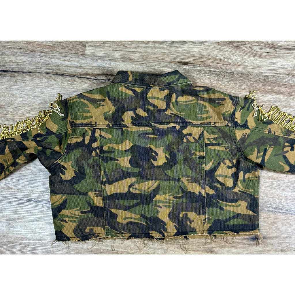 Azalea Wang Camo Rhinestone Fringe Cold Shoulder Cropped Trucker Jacket Small S