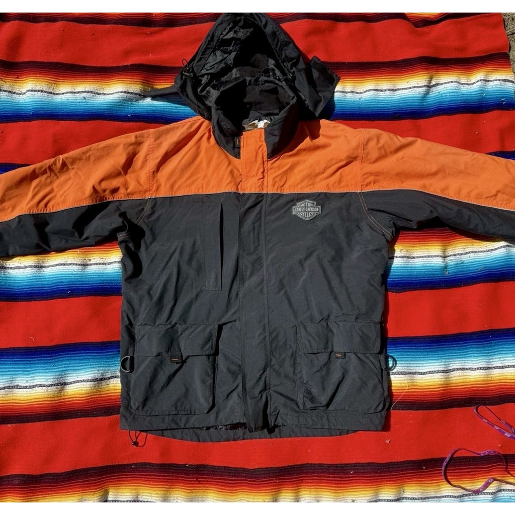 Vtg Harley-Davidson Orange Black Hooded Rain Jacket Men's Large Waterproof Nylon