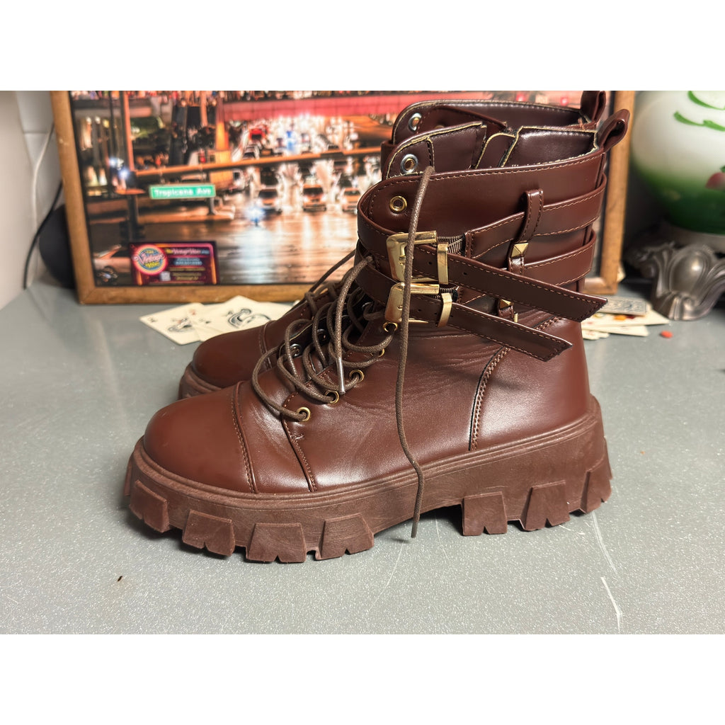 Brown Chunky Platform Combat Boots Women’s Size 6 Lug Sole Buckle Strap Lace Up
