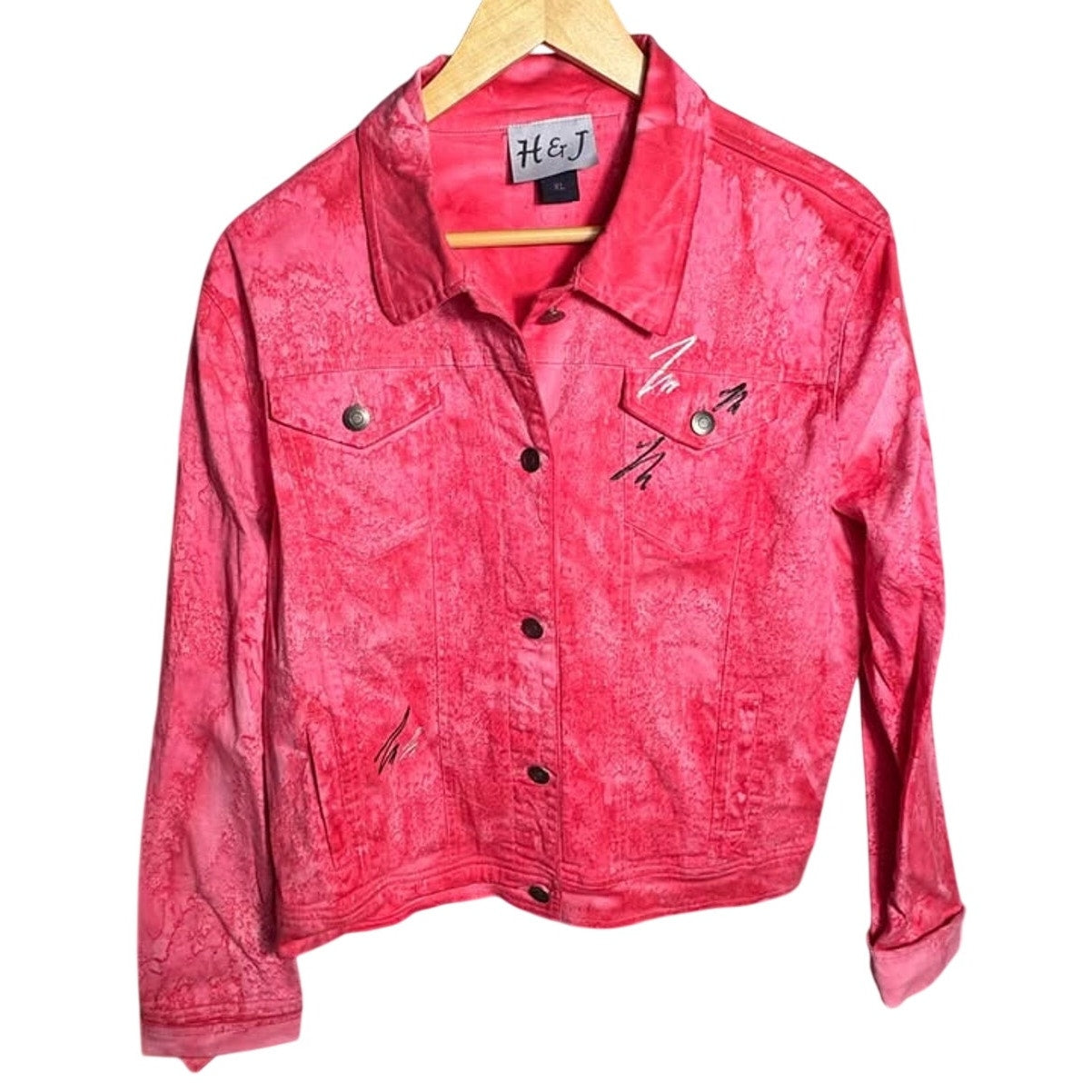 H&J Pink Acid Wash Denim Jacket XL Graphic Paint Detail Button Front
