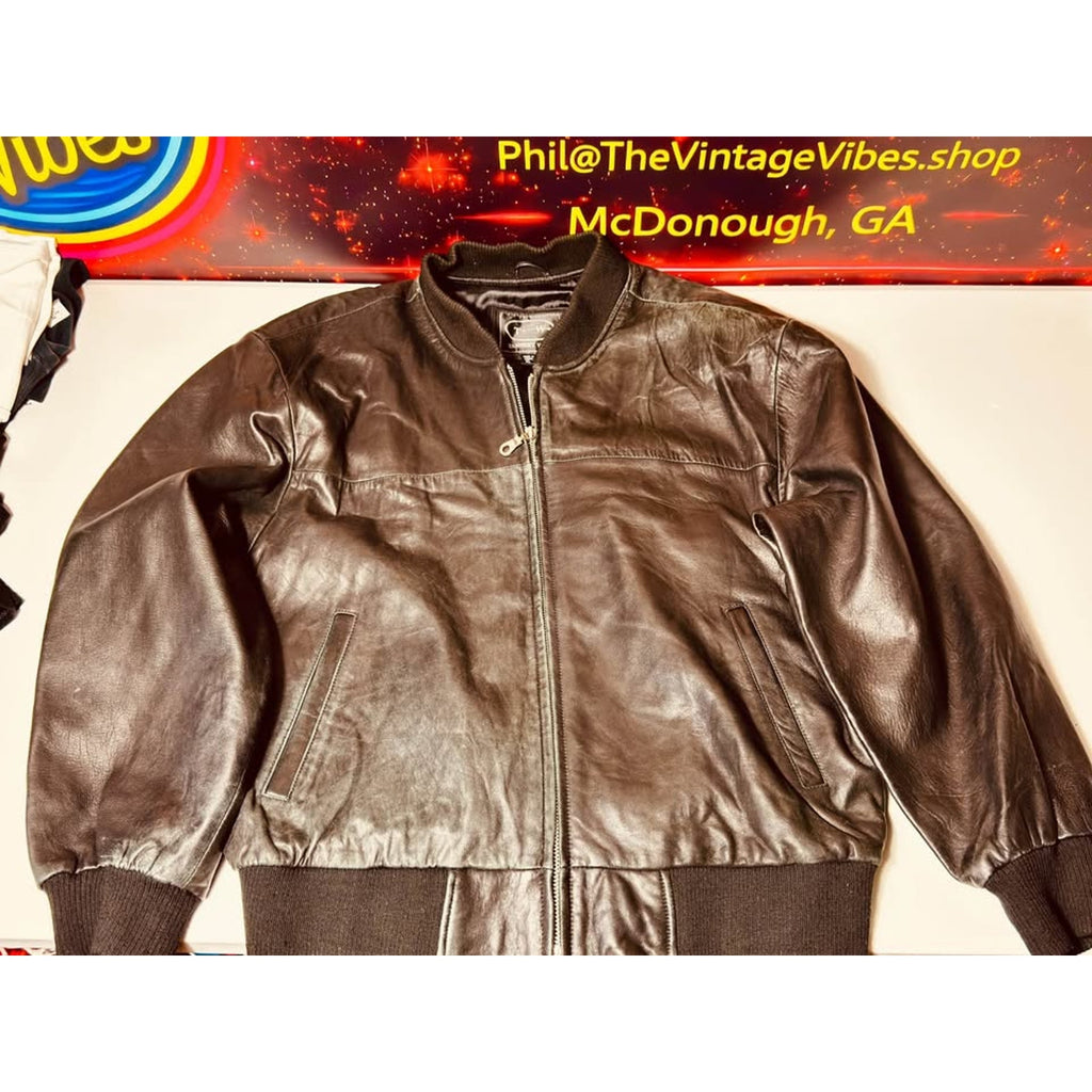 Vintage 1980s/1990s Tannery West Black Leather Bomber Jacket XL Genuine Leather