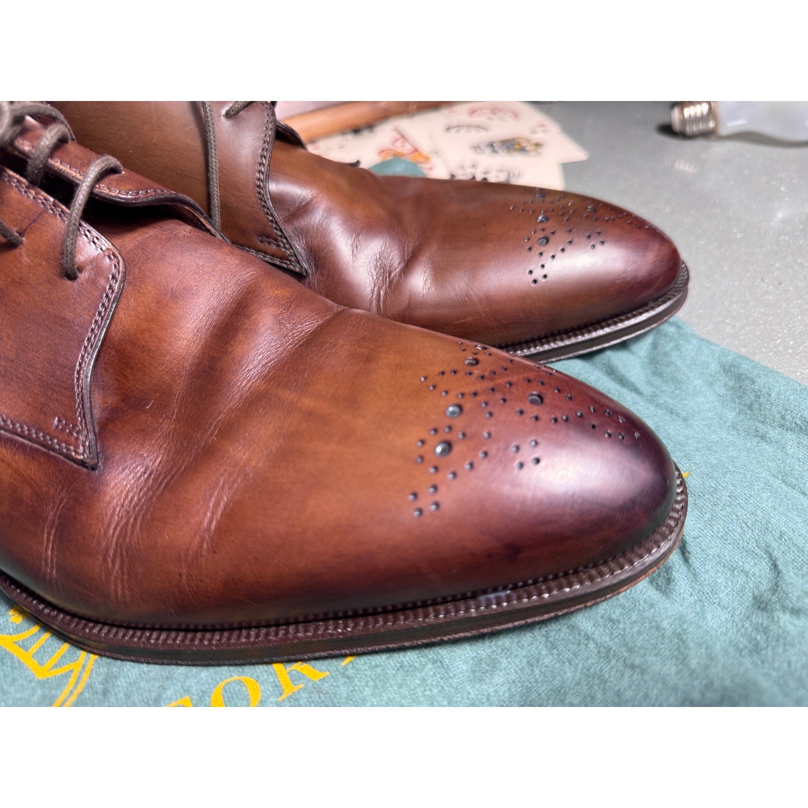 Pastori Handmade Italian Brown Leather Medallion Derby Dress Shoes EU 44 US 11