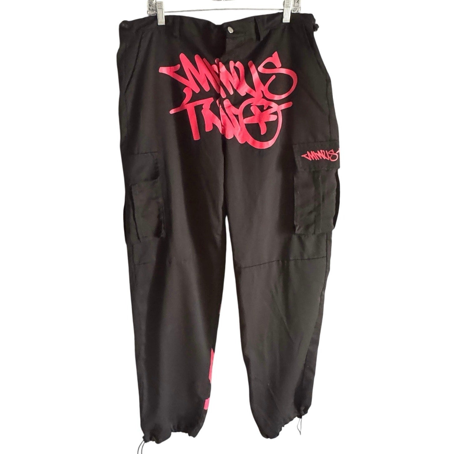 Minus Two Cargo Jogger Pants Men’s Black Red Graffiti Y2K Techwear Size