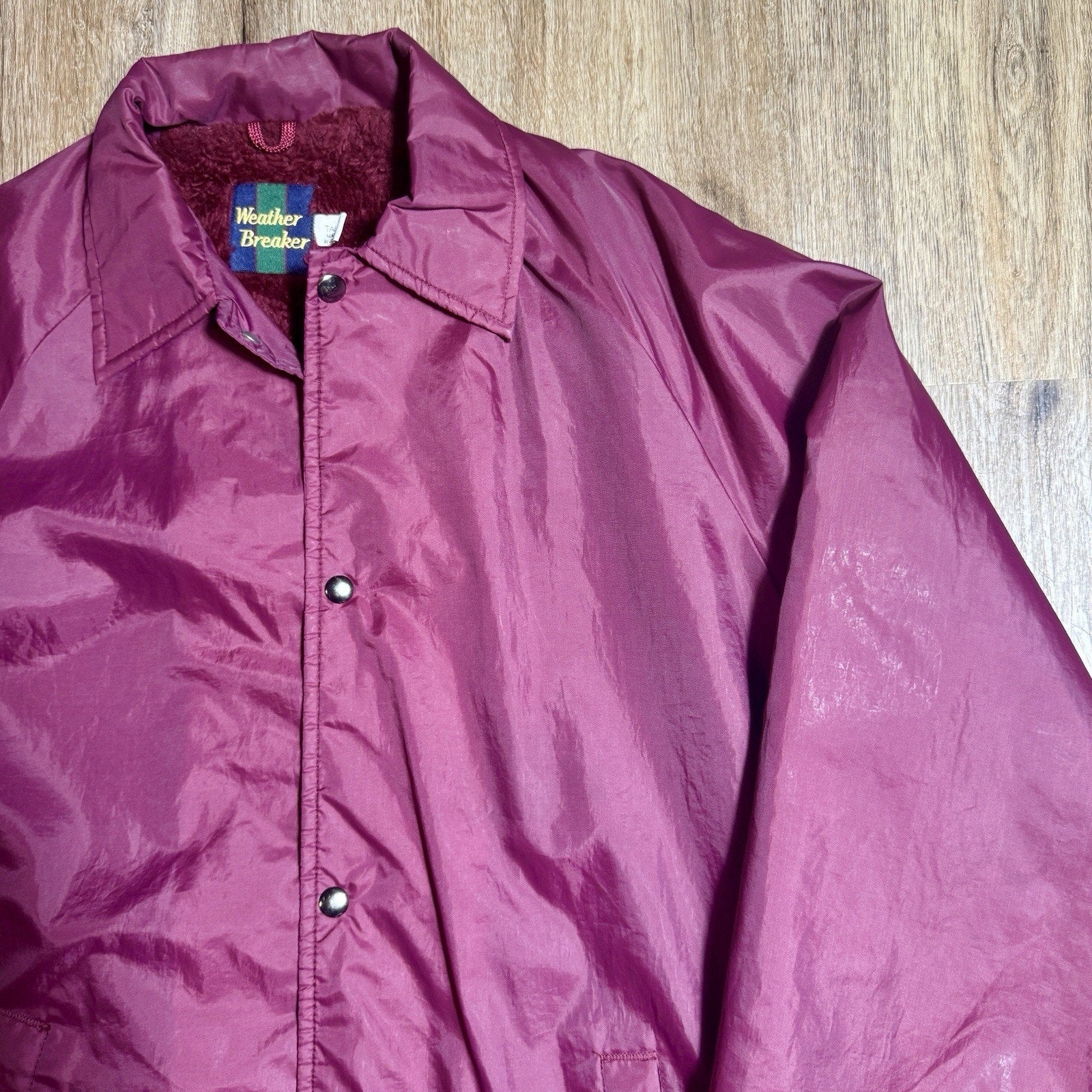 Vtg Weather Breaker Sherpa Lined Coach Jacket USA Burgundy Nylon Men’s L Tall
