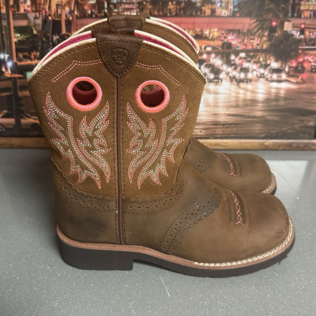Ariat Fatbaby Girls Western Cowboy Boots Brown Pink Leather Square Toe US 3.5