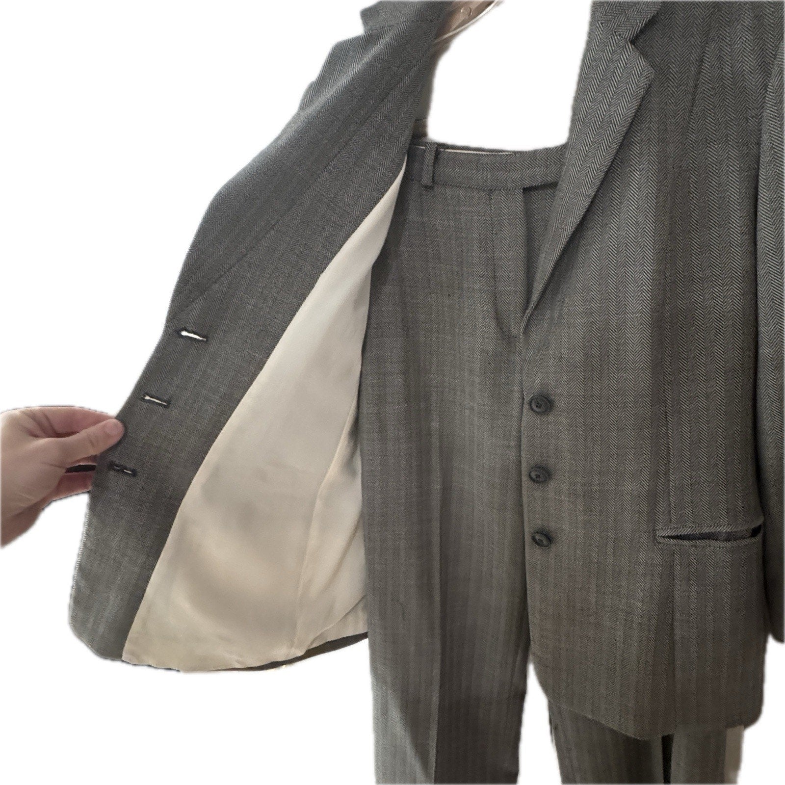 Armani Collezioni Womens Virgin Wool Gray Herringbone Pant Suit Size 4 Italy
