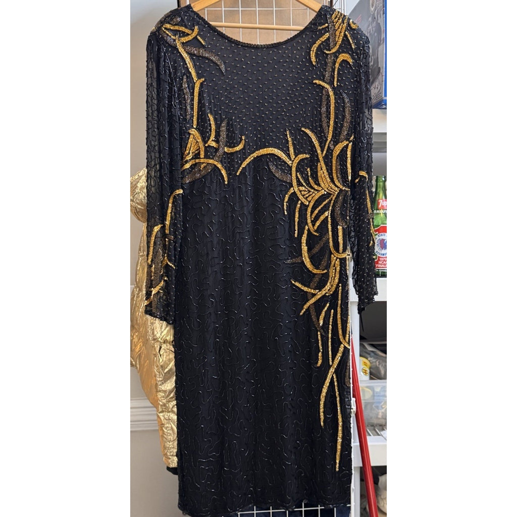 Vtg 1970-80s Jewel Queen 100% Pure Silk Black Gold Beaded Cocktail Dress Large
