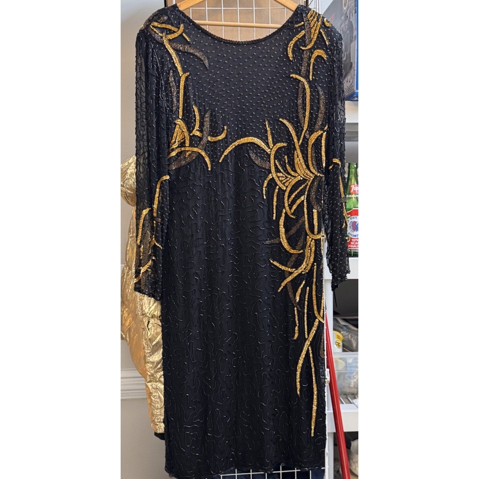 Vtg 1970-80s Jewel Queen 100% Pure Silk Black Gold Beaded Cocktail Dress Large
