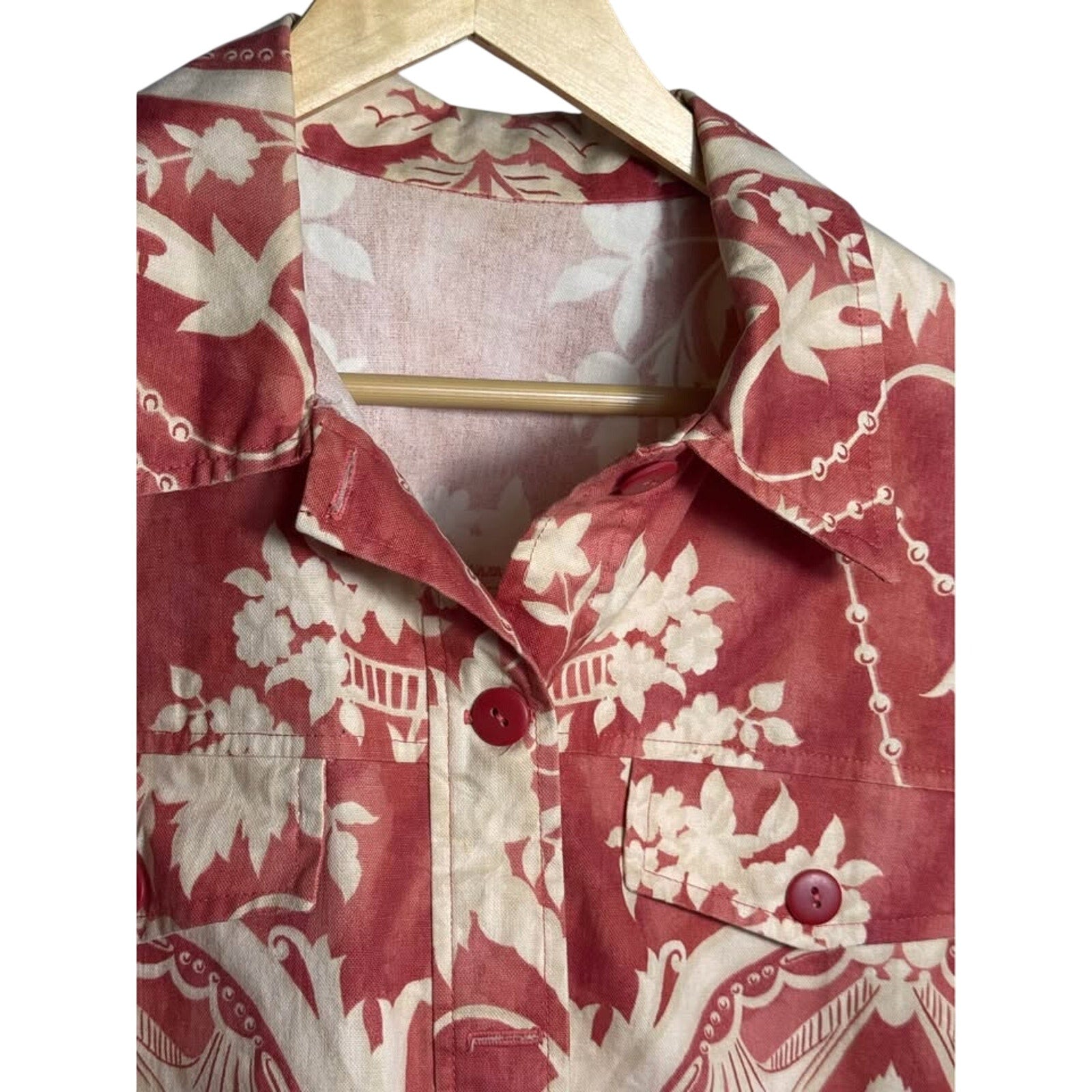 Vintage Toile Print Jacket Red Cream Floral French Country Cottagecore Women’s L