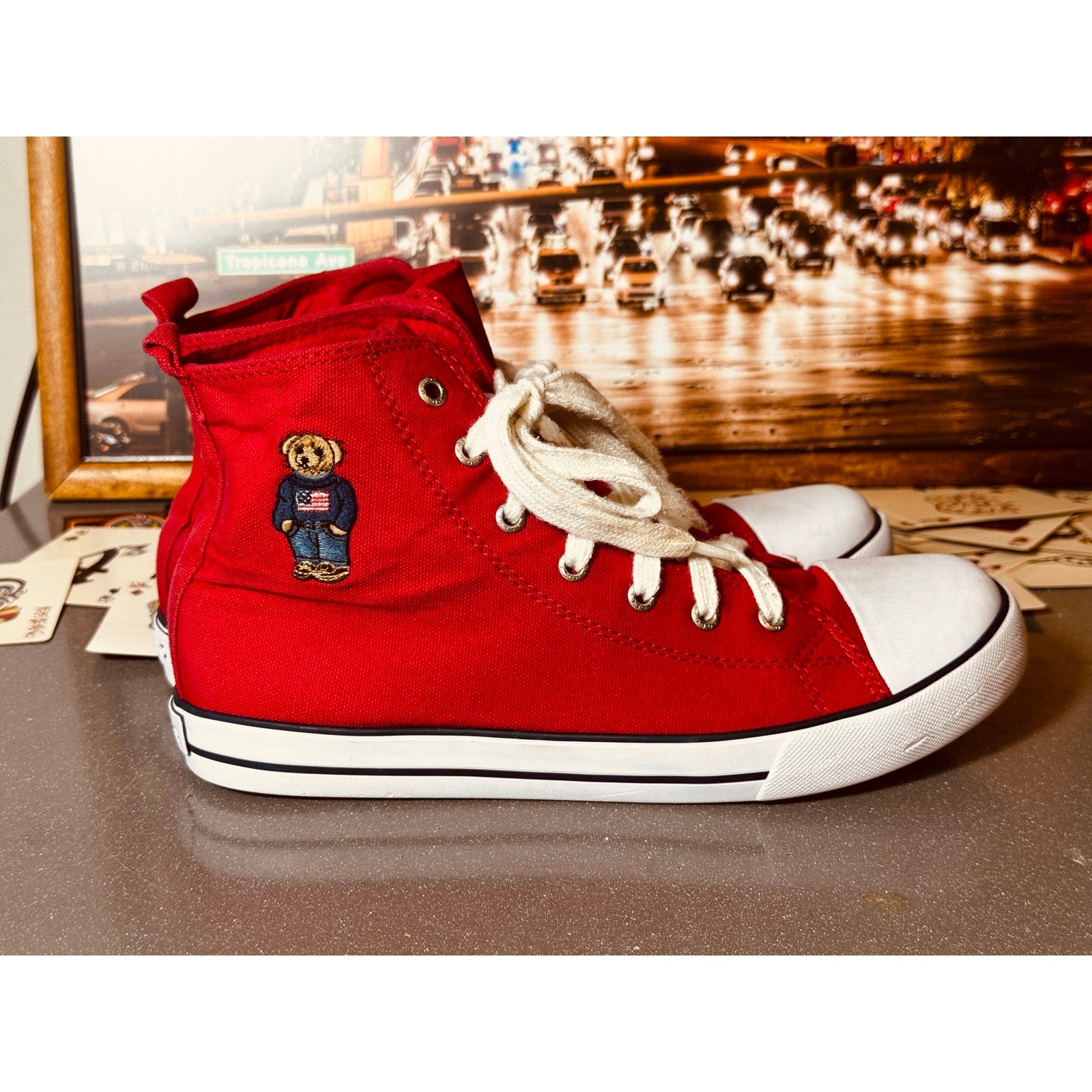 Polo Ralph Lauren Hamptyn Hi II Bear High Top Sneakers Red White Canvas Men’s 7