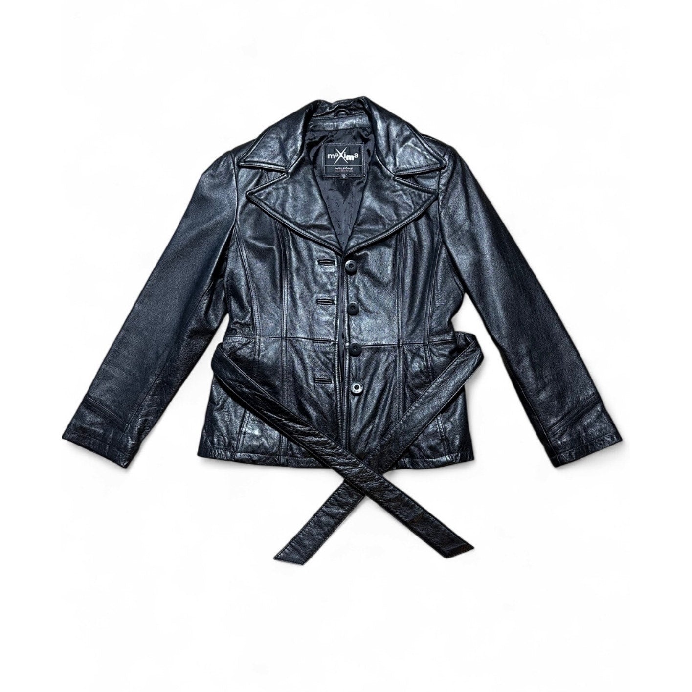 Maxima Wilsons Black Leather Belted Jacket Women’s Medium Genuine Leather M Y2K