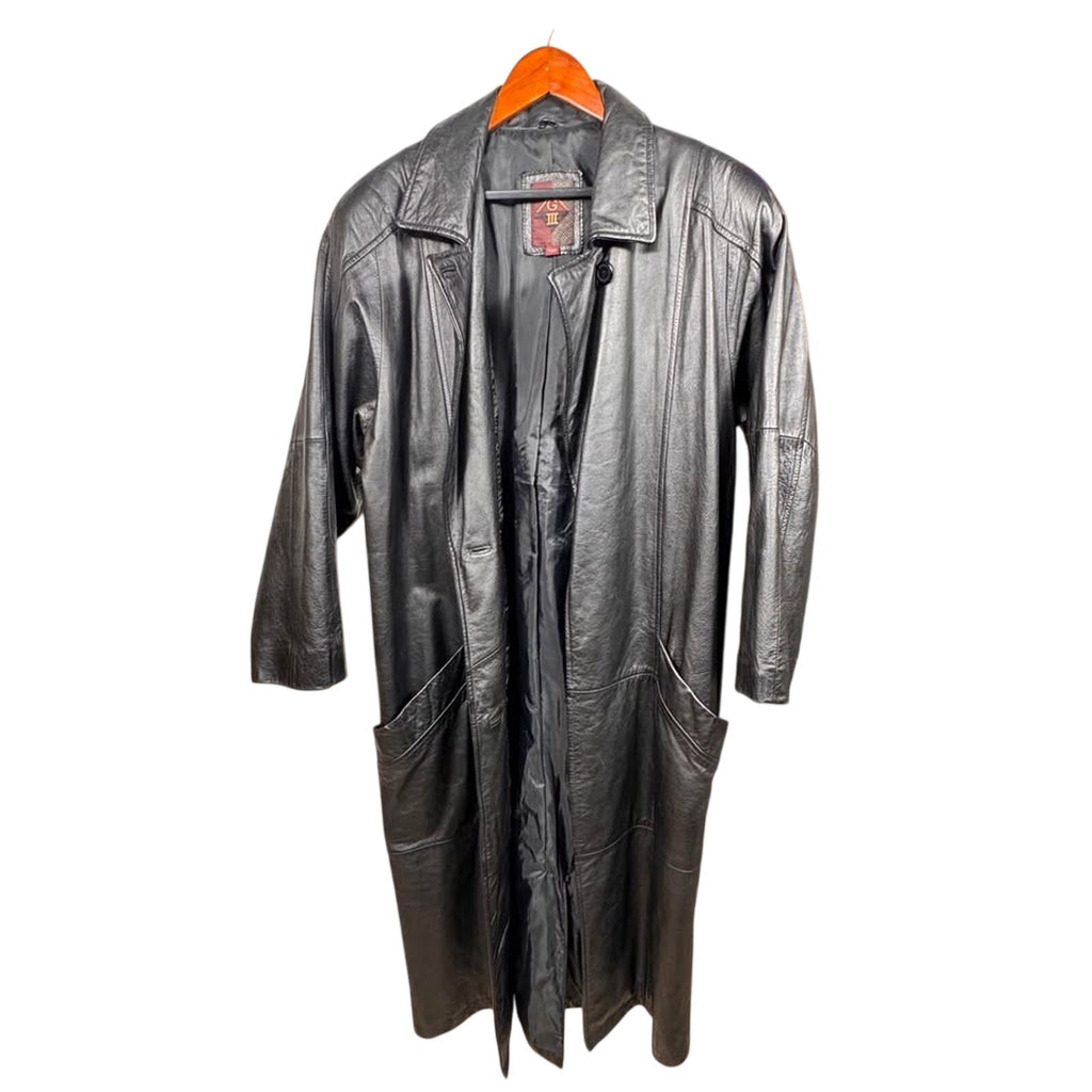 Vintage G-III Mens Black Genuine Leather Trench Coat Long Overcoat M