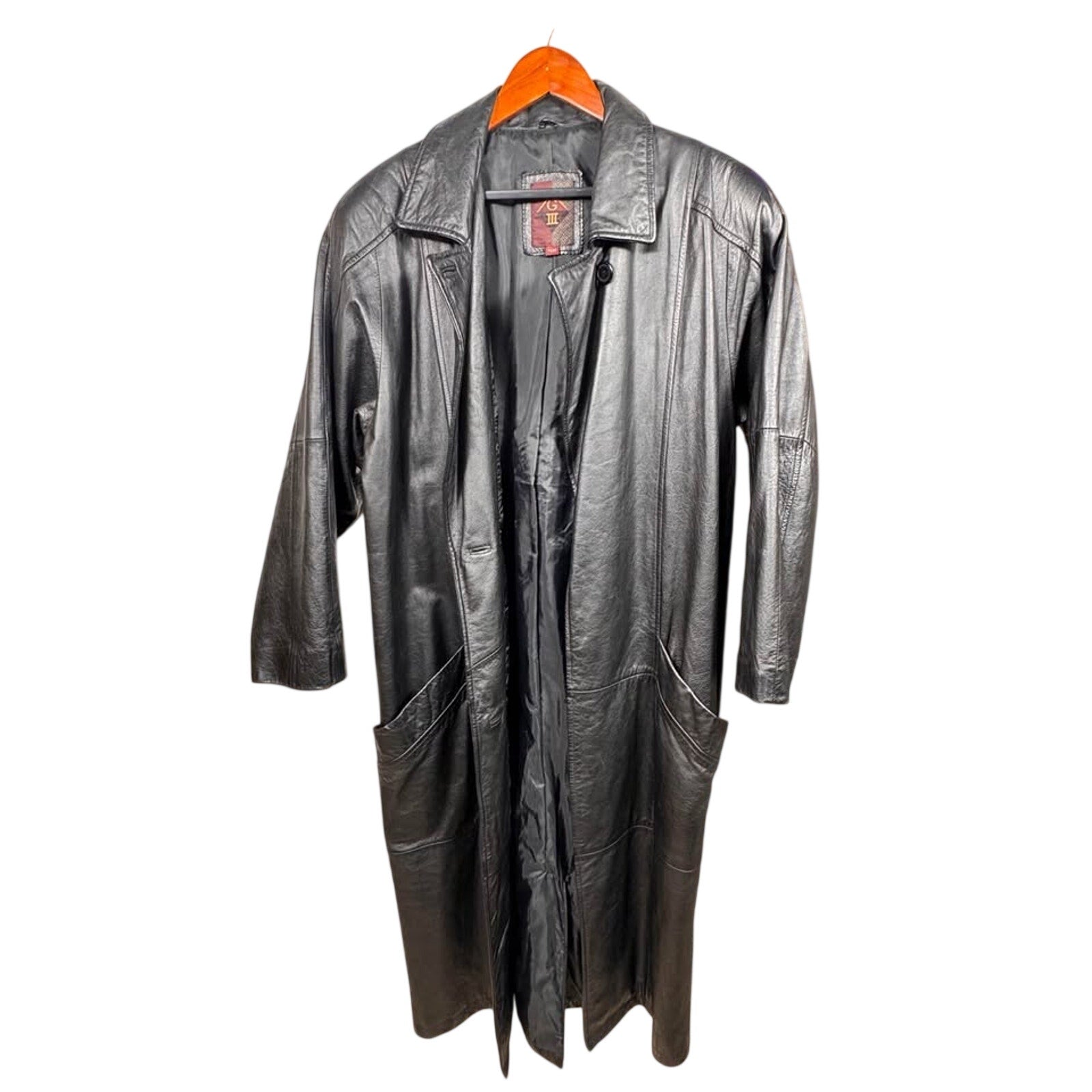 Vintage G-III Mens Black Genuine Leather Trench Coat Long Overcoat M