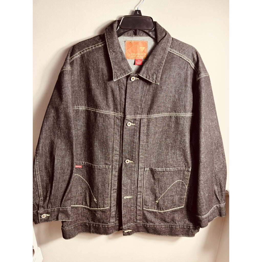 Vintage Y2K Guess Jeans USA Black Denim Chore Jacket Trucker Workwear XXL 2000s