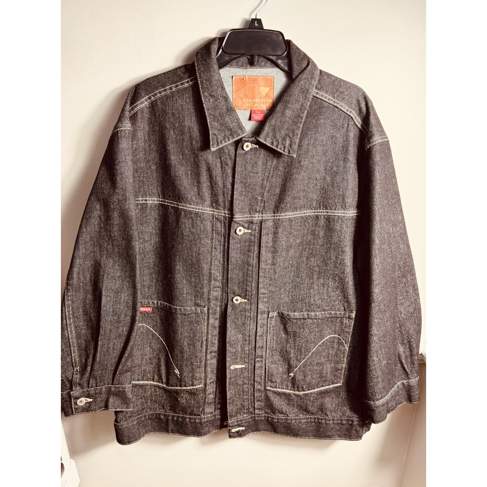 Vintage Y2K Guess Jeans USA Black Denim Chore Jacket Trucker Workwear XXL 2000s