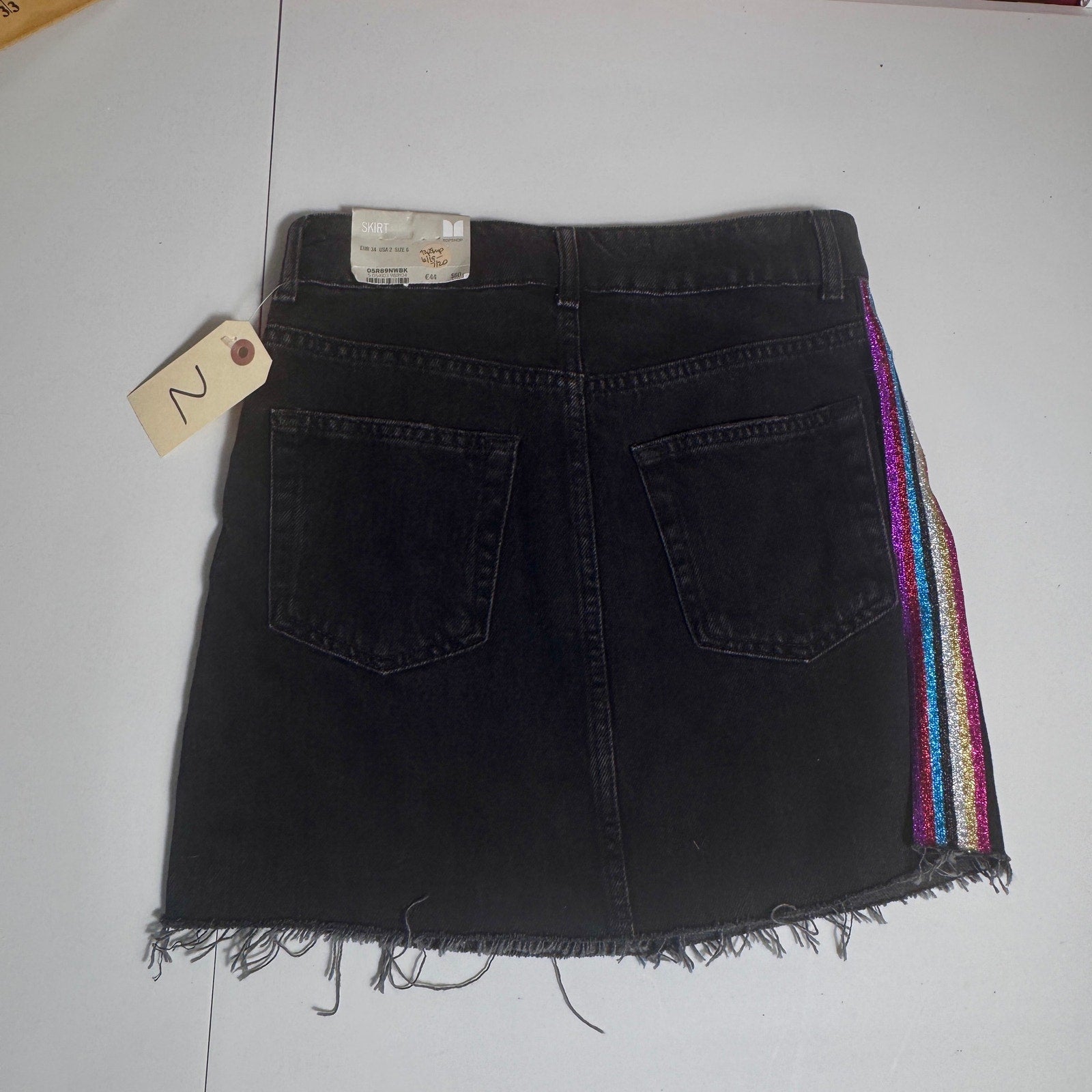 NWT Topshop Moto Black Denim Mini Skirt Rainbow Glitter Stripe Raw Hem Size 2