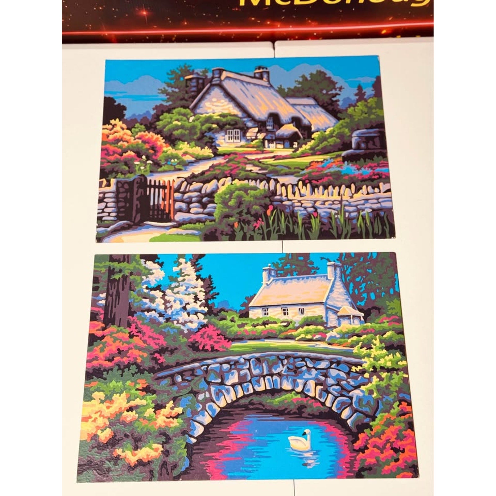 Vintage Hand Painted Paint By Numbers Cottage Landscape Art Mid Century Decor