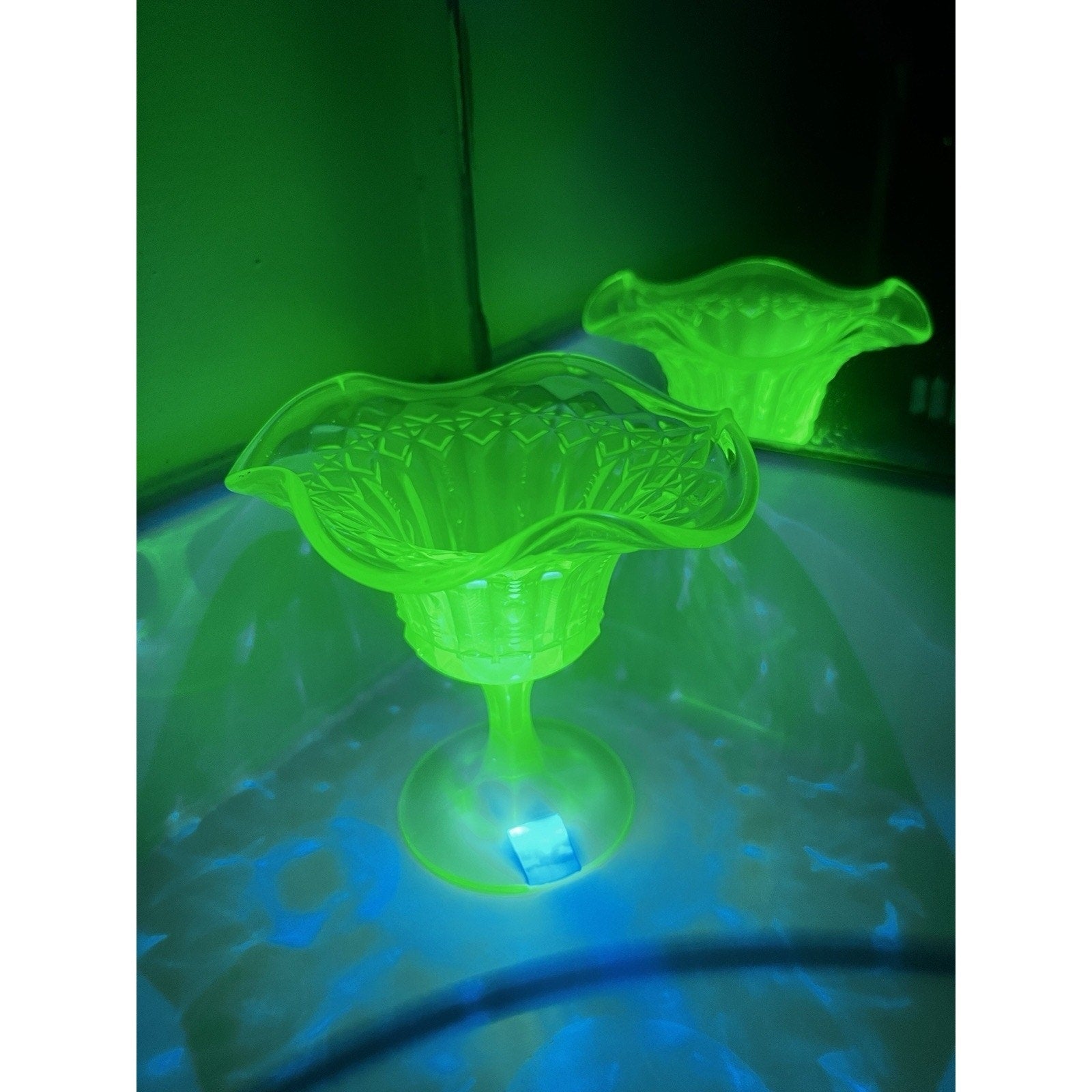 Kanawha Glass Green Uranium Pedestal Compote Candy Dish Glows Vintage 5.5"
