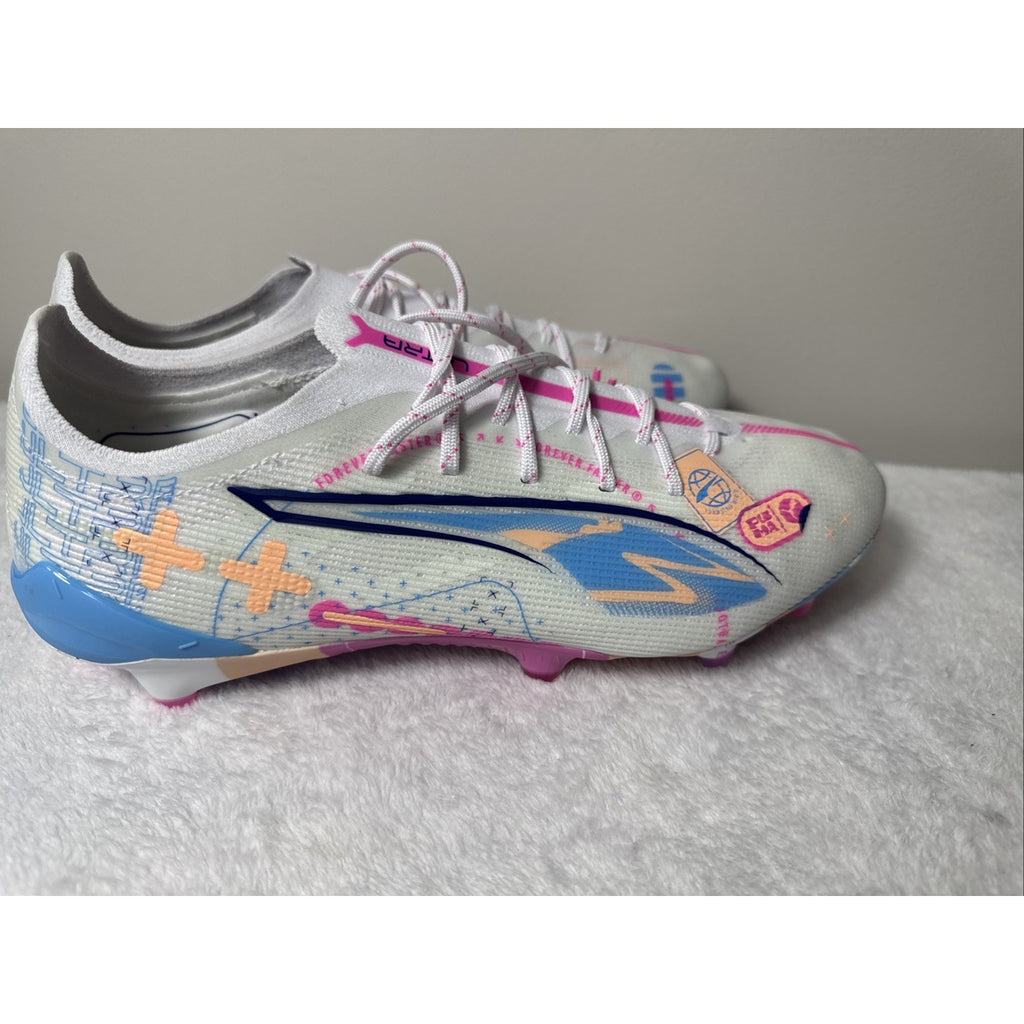 Puma Ultra Ultimate FG/AG Soccer Cleats White Pink Blue Size 9.5 108063-01 Rare