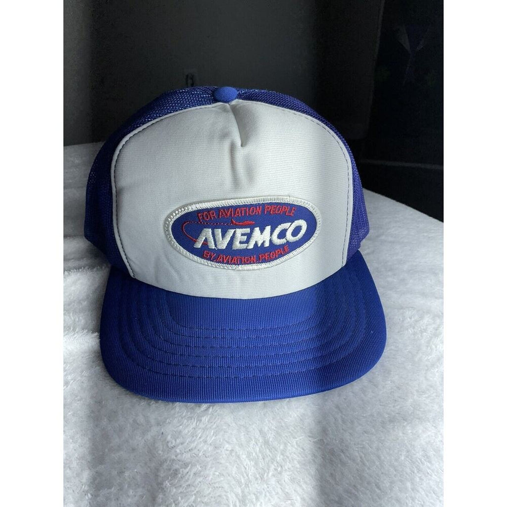 Vintage‎ AVEMCO For Aviation People Blue Mesh Back Adjustable Trucker Hat Sz M-L