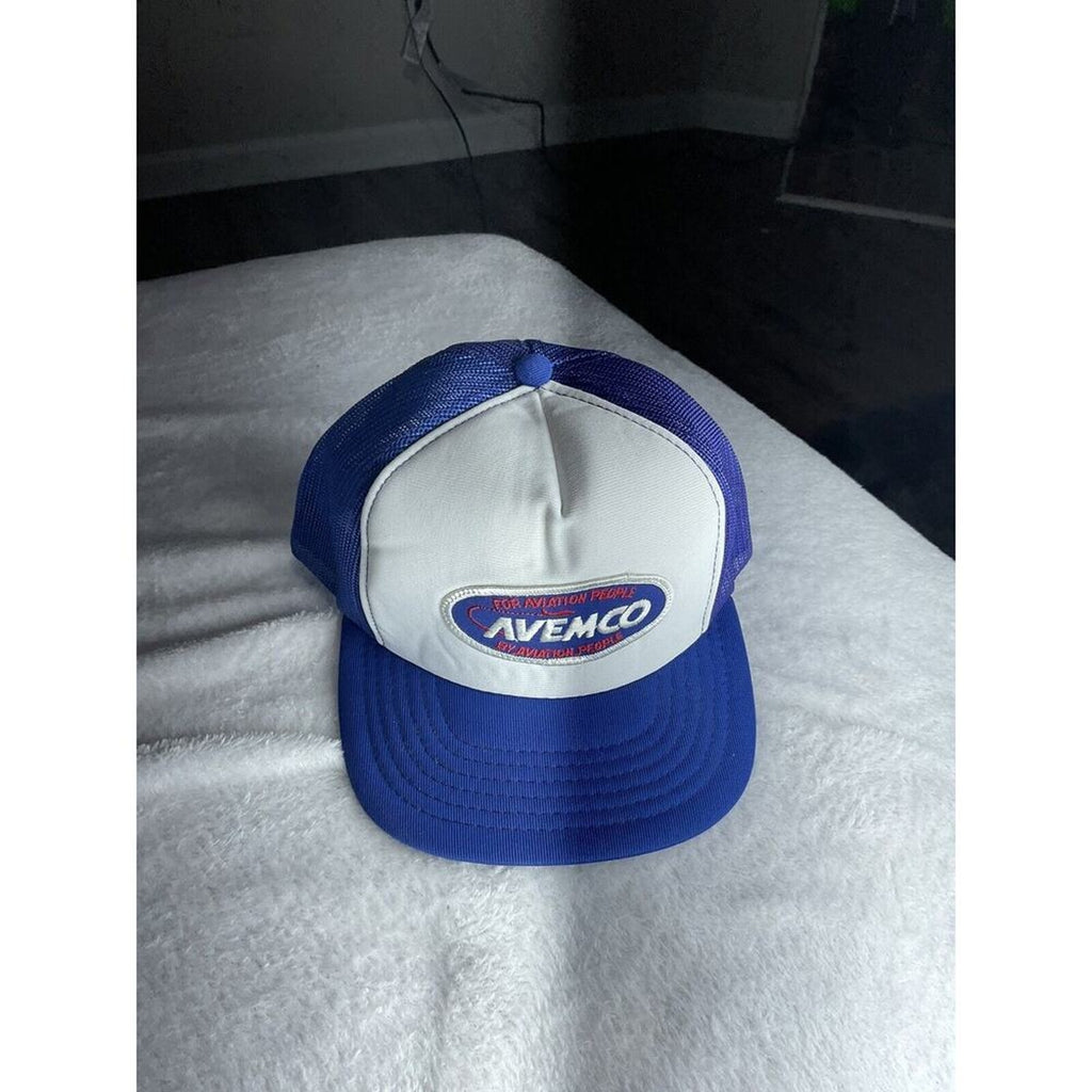 Vintage‎ AVEMCO For Aviation People Blue Mesh Back Adjustable Trucker Hat Sz M-L