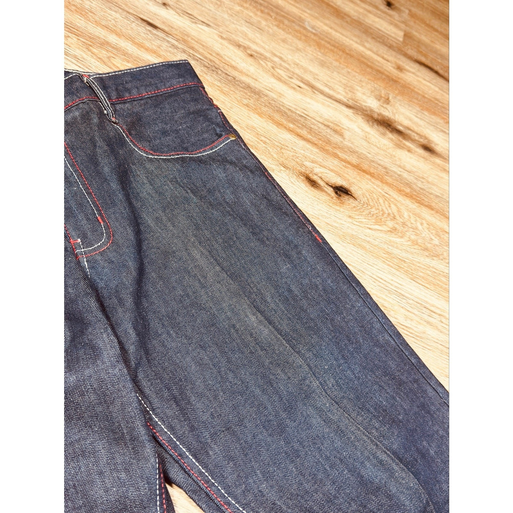 Q by Qruel Y2K Dark Wash Designer Jeans Contrast Stitch Straight Leg Men’s 36x33