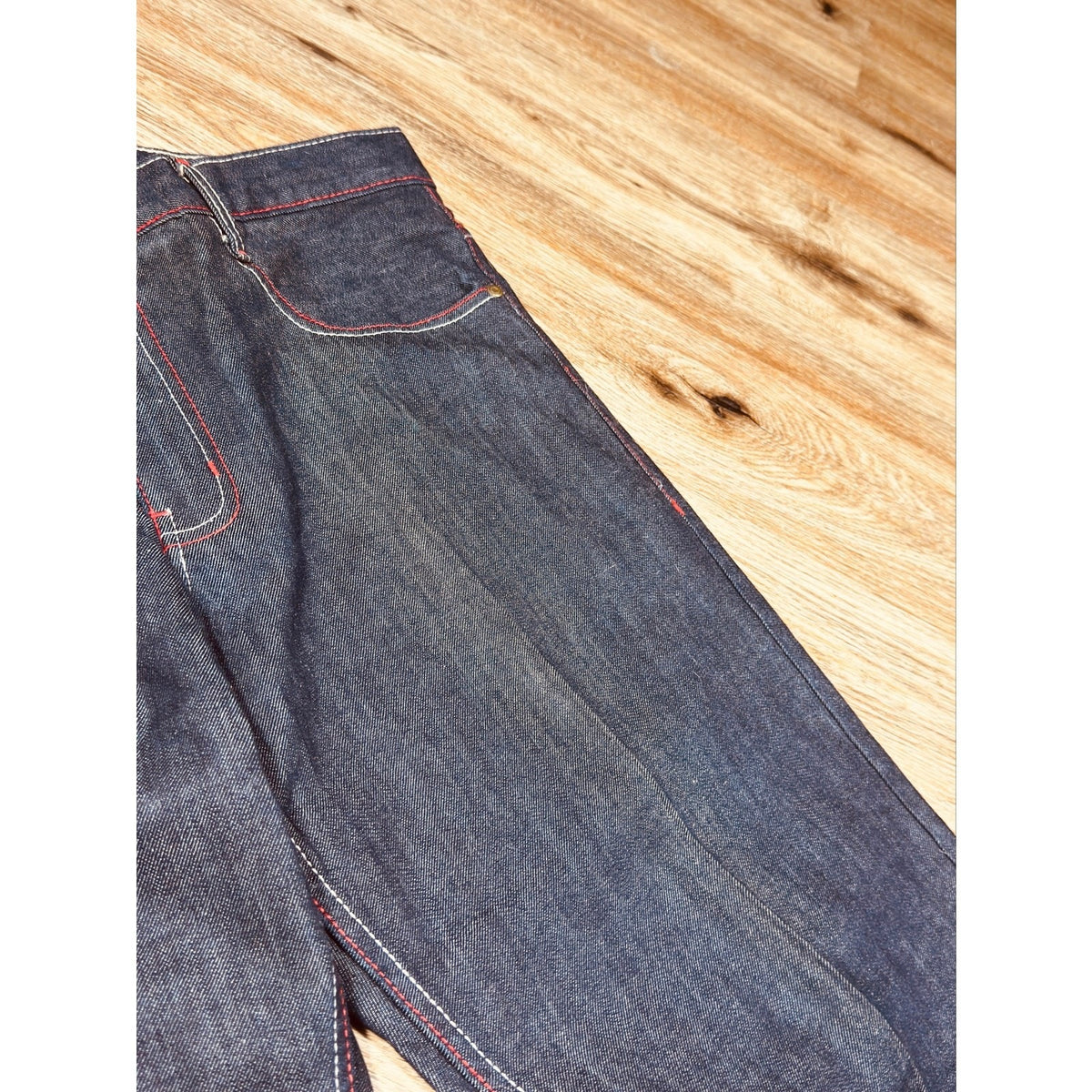 Q by Qruel Y2K Dark Wash Designer Jeans Contrast Stitch Straight Leg Men’s 36x33