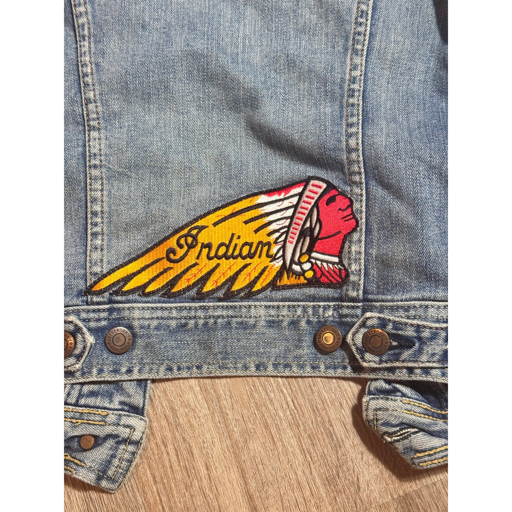 Vtg Abercrombie Fitch Indian Motorcycle Patch Denim Jacket Women S USA Flag Y2K