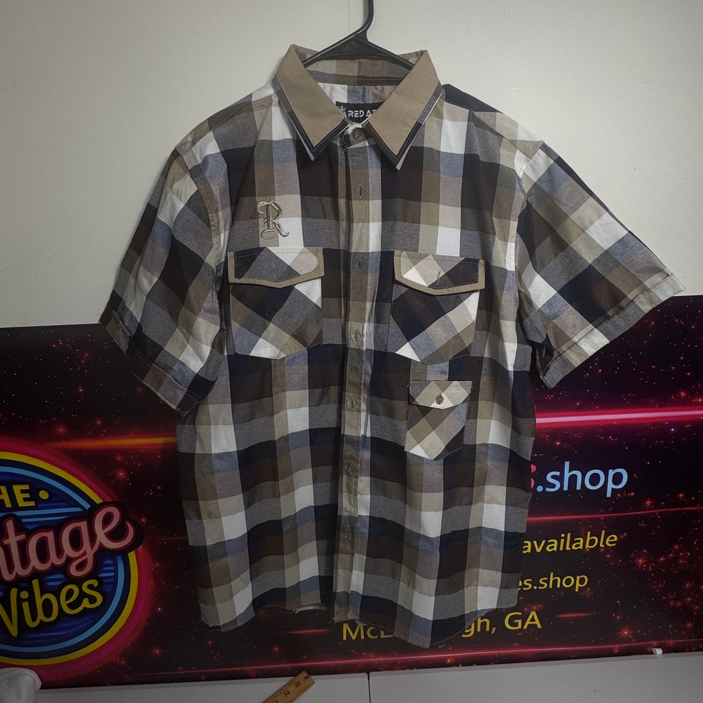 Red Ape Plaid Button Up Shirt Mens XL Short Sleeve Embroidered Logo Streetwear