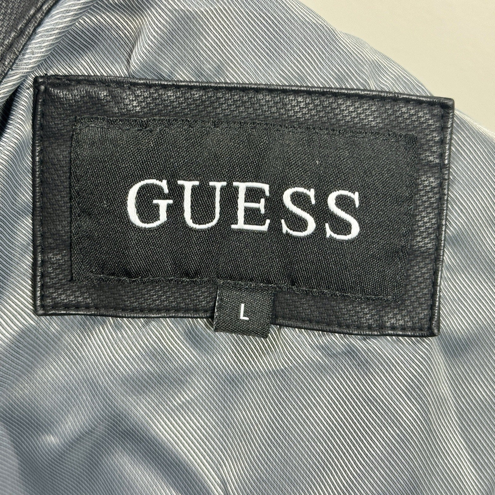 GUESS Mens Large Faux Leather Moto Cafe Racer Jacket Black Quilted Biker Zip