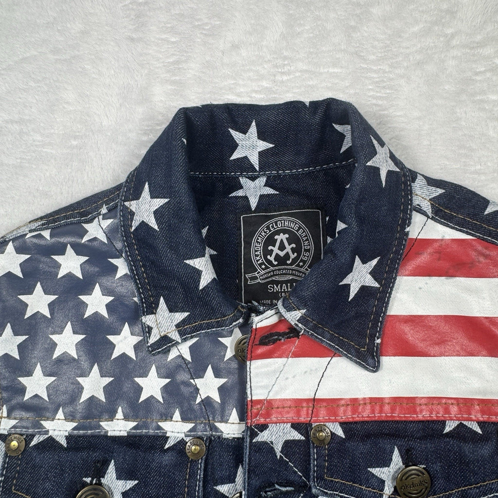 Akademiks AKDMKS Stars Denim Vest Womens XS Y2K Hip Hop USA Flag Patriotic 90s