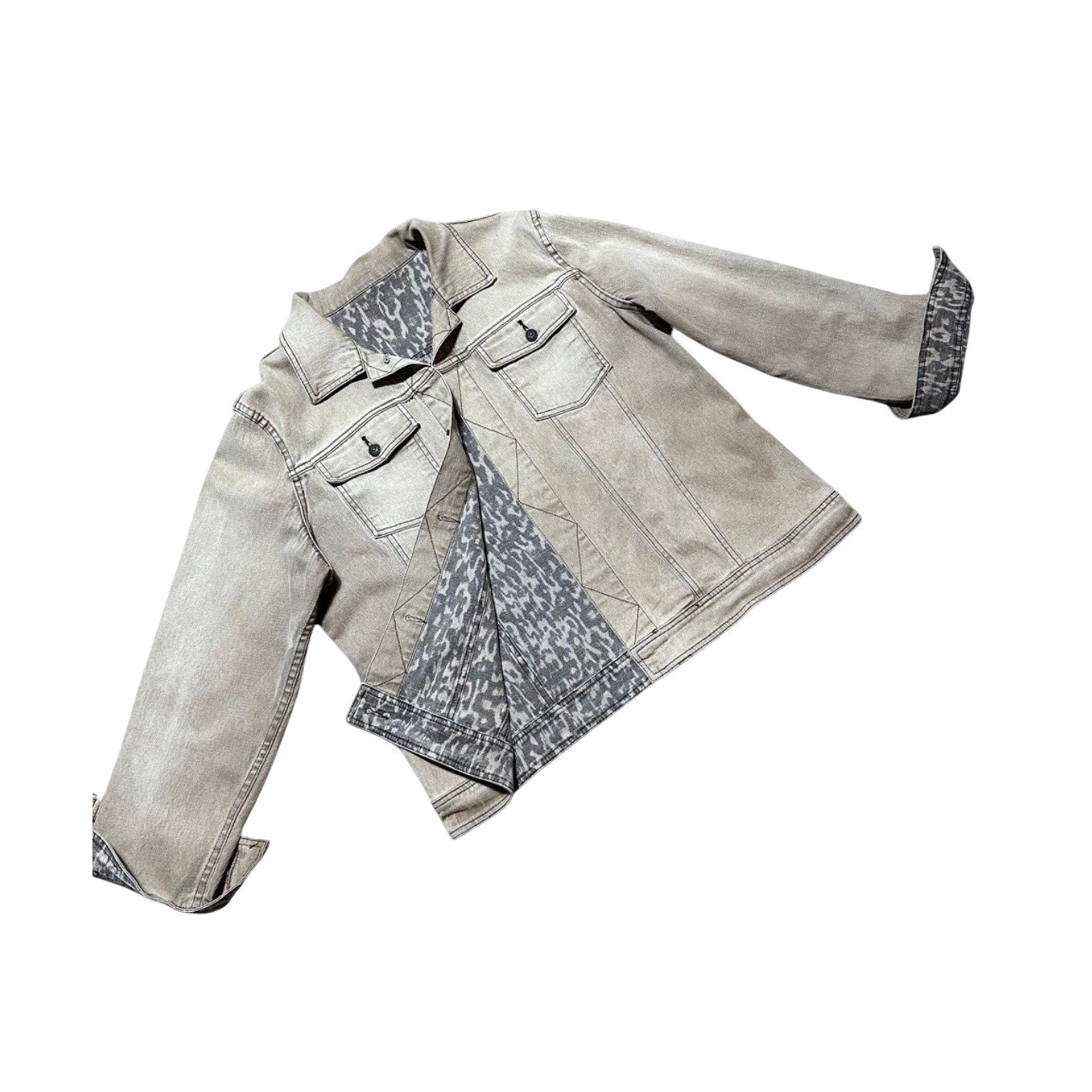Reversible Animal Print Denim Jacket Women’s XL Gray Acid Wash Leopard Print