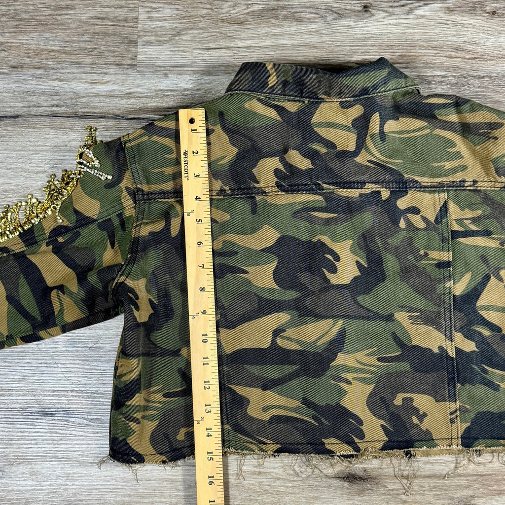 Azalea Wang Camo Rhinestone Fringe Cold Shoulder Cropped Trucker Jacket Small S