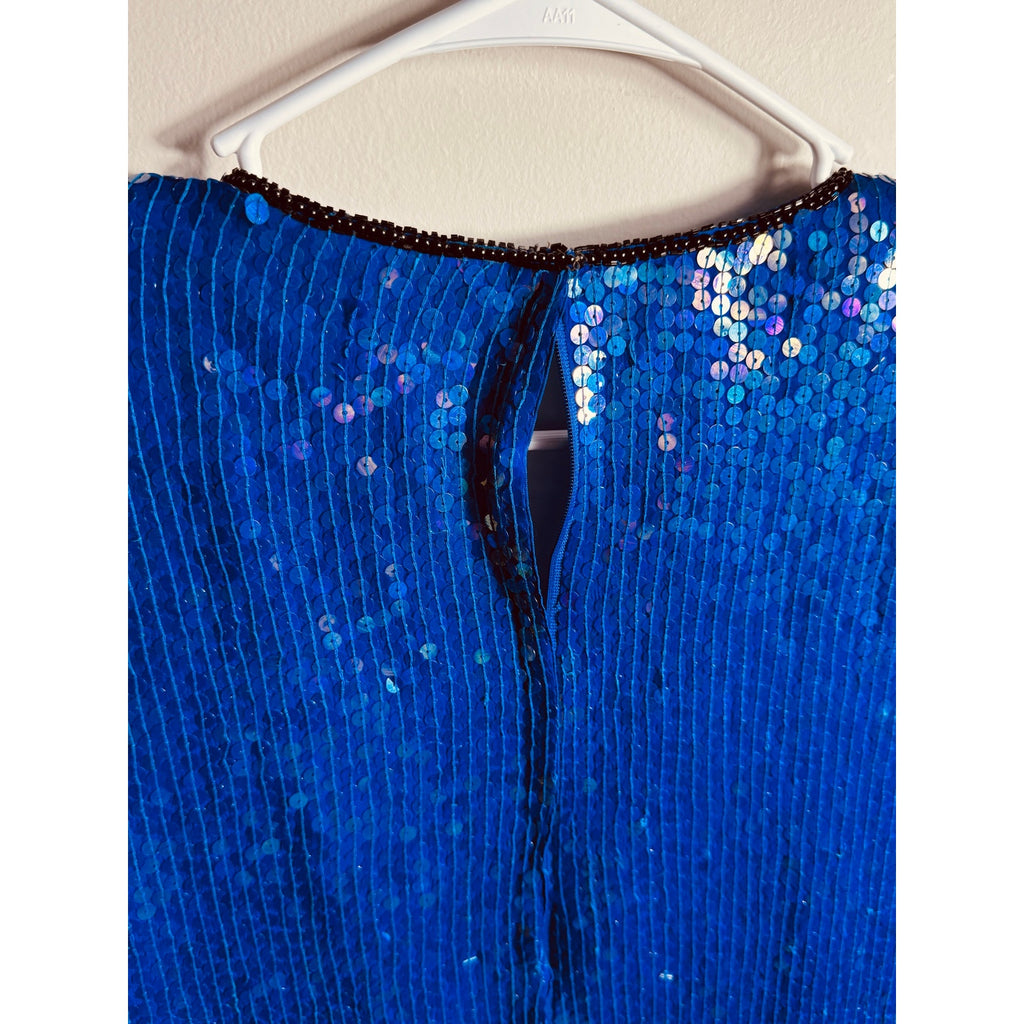 Vintage Stenay Silk Beaded Sequin Top Blue Black Evening Party Blouse Women’s Large
