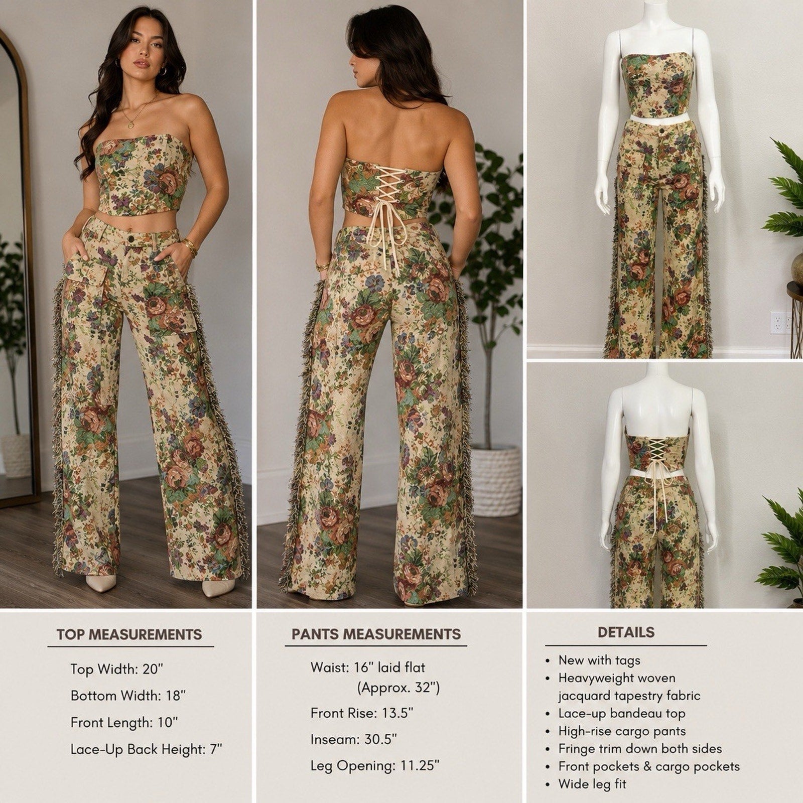 NWT MICAS Floral Tapestry Jacquard Fringe Cargo Pants Rave Bandeau Set Womens L