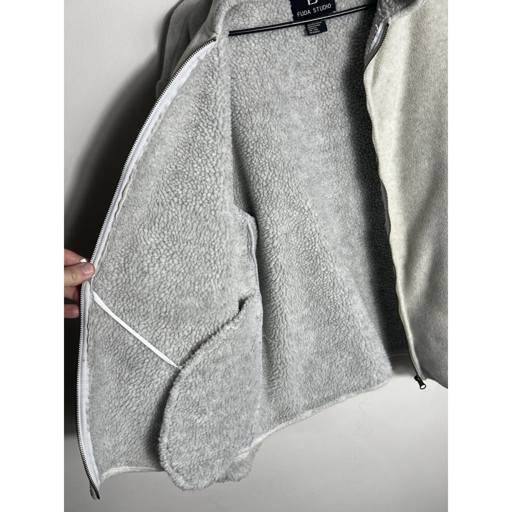 Vintage Fuda Studio Jacket Women’s L Gray Sherpa Fleece Zip-Up Soft Cozy Retro