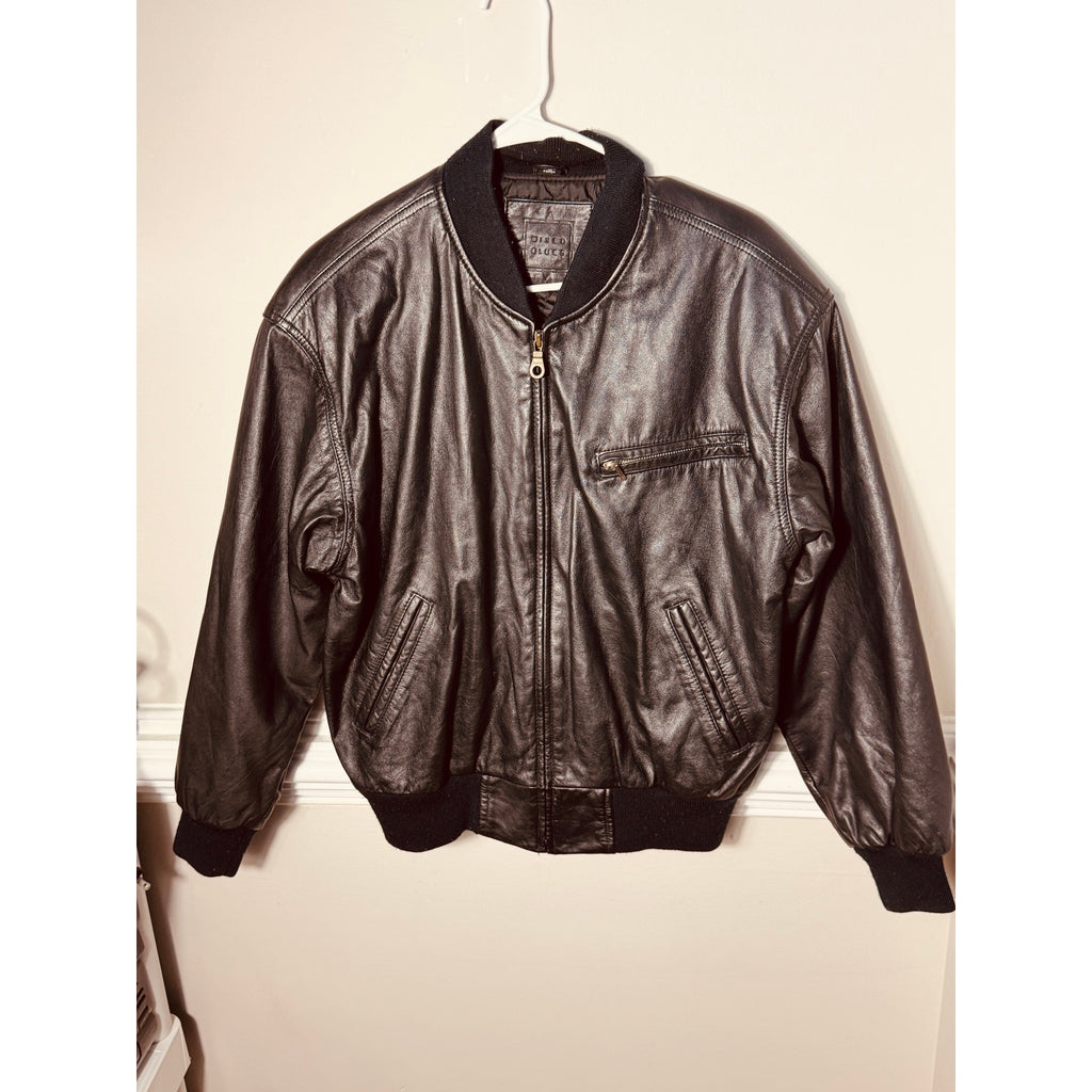 Vintage Mixed Blues Genuine Leather Bomber Jacket Black Ribbed Zip Flight Jacket